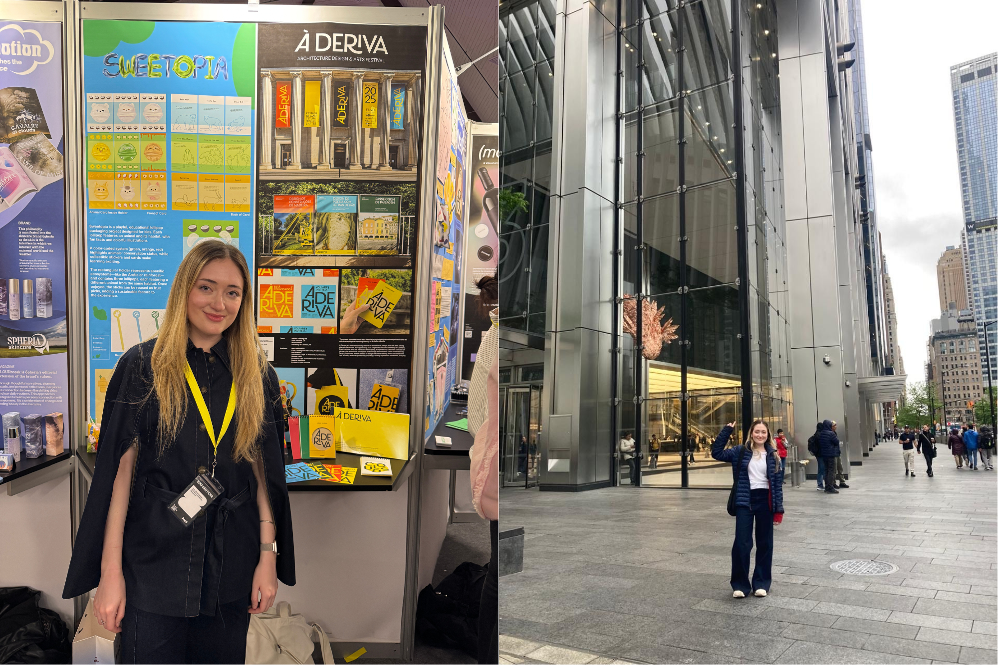 A young woman with long hair, wearing a black outfit and a yellow lanyard, stands next to a display board at an event. The board features colorful designs and information about the "Á Deriva" festival. In the second image, she poses outside a modern glass building with a unique art installation, dressed in a puffy jacket and jeans. The street is busy with people and tall buildings in the background.