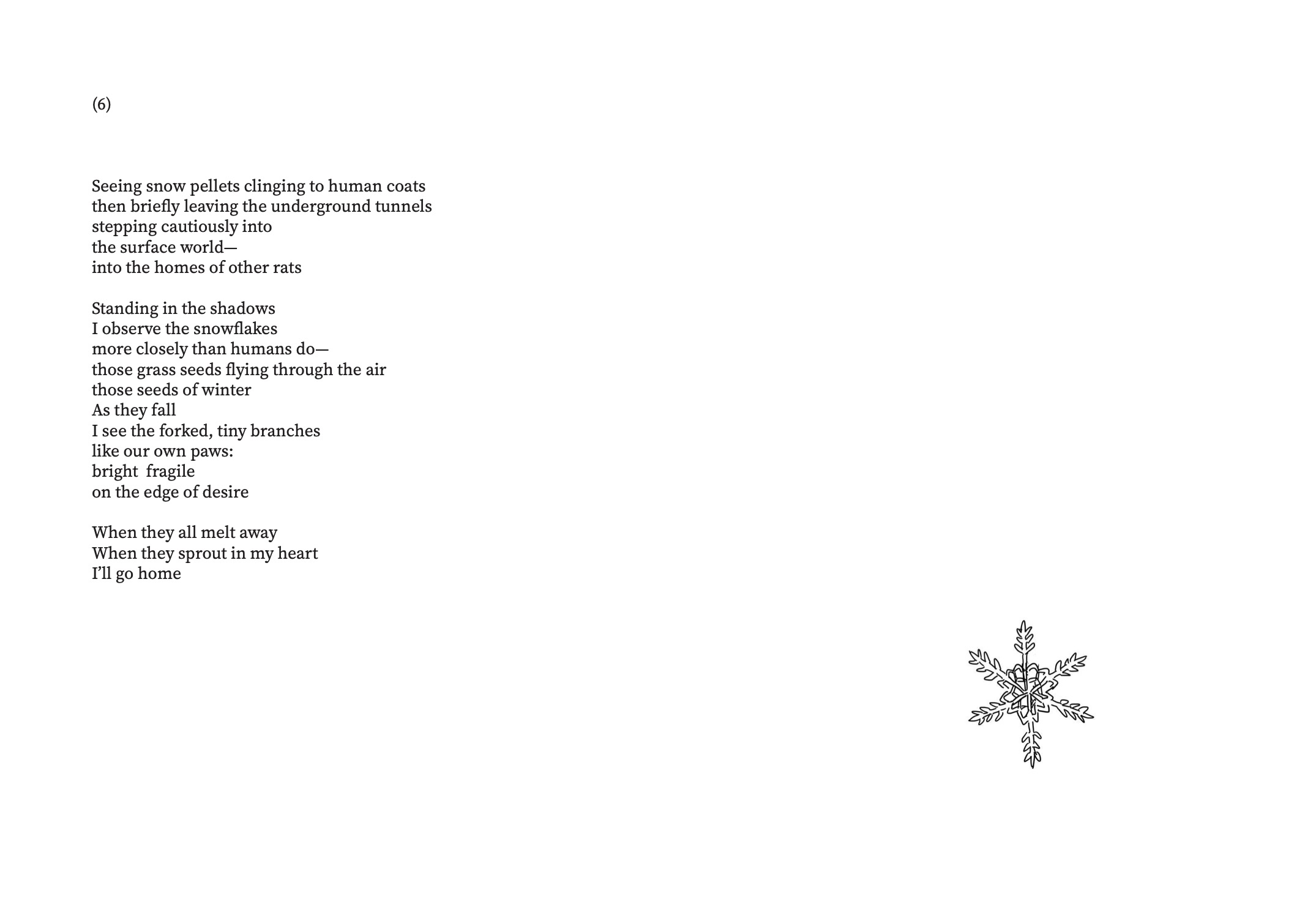 Final poetry page continuing the theme of winter, fragility, and return, presented with restrained typography and ample white space, concluding the pamphlet with a quiet, contemplative visual balance.