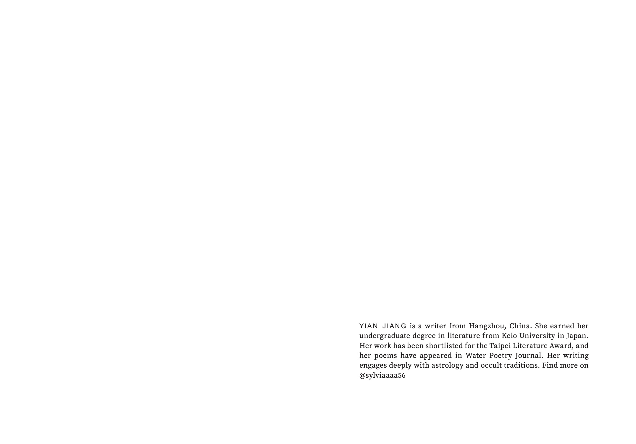 White page featuring a short author bio for Yian Jiang, stating she is a writer from Hangzhou, China, with publication and award information, set in small serif text aligned to the lower right of an otherwise blank page.