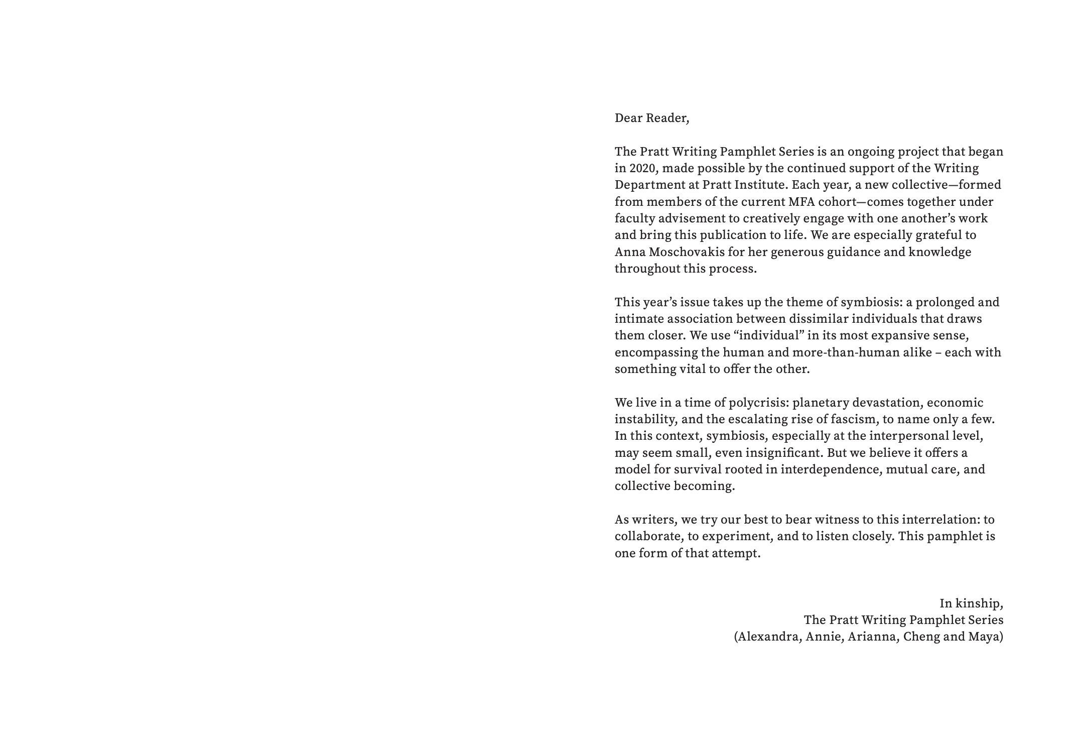 Pamphlet interior page with a block of serif text addressed “Dear Reader,” explaining the Pratt Writing Pamphlet Series and its theme of symbiosis, laid out with generous white space and a formal editorial design.