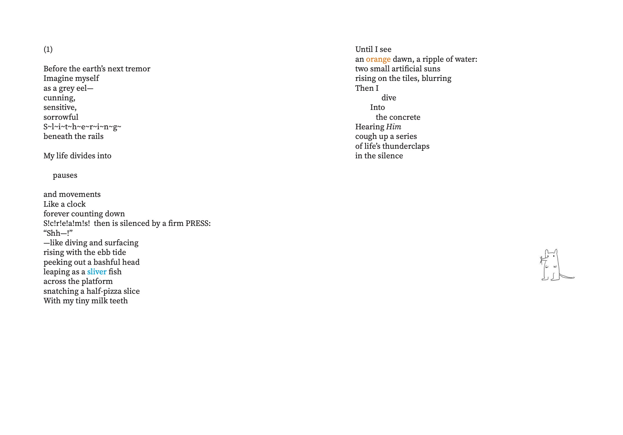 Poetry spread labeled “(2)” featuring left-aligned verse about rats, trains, and silence, paired with staggered right-column text and a simple line illustration of a teacup with falling drops.