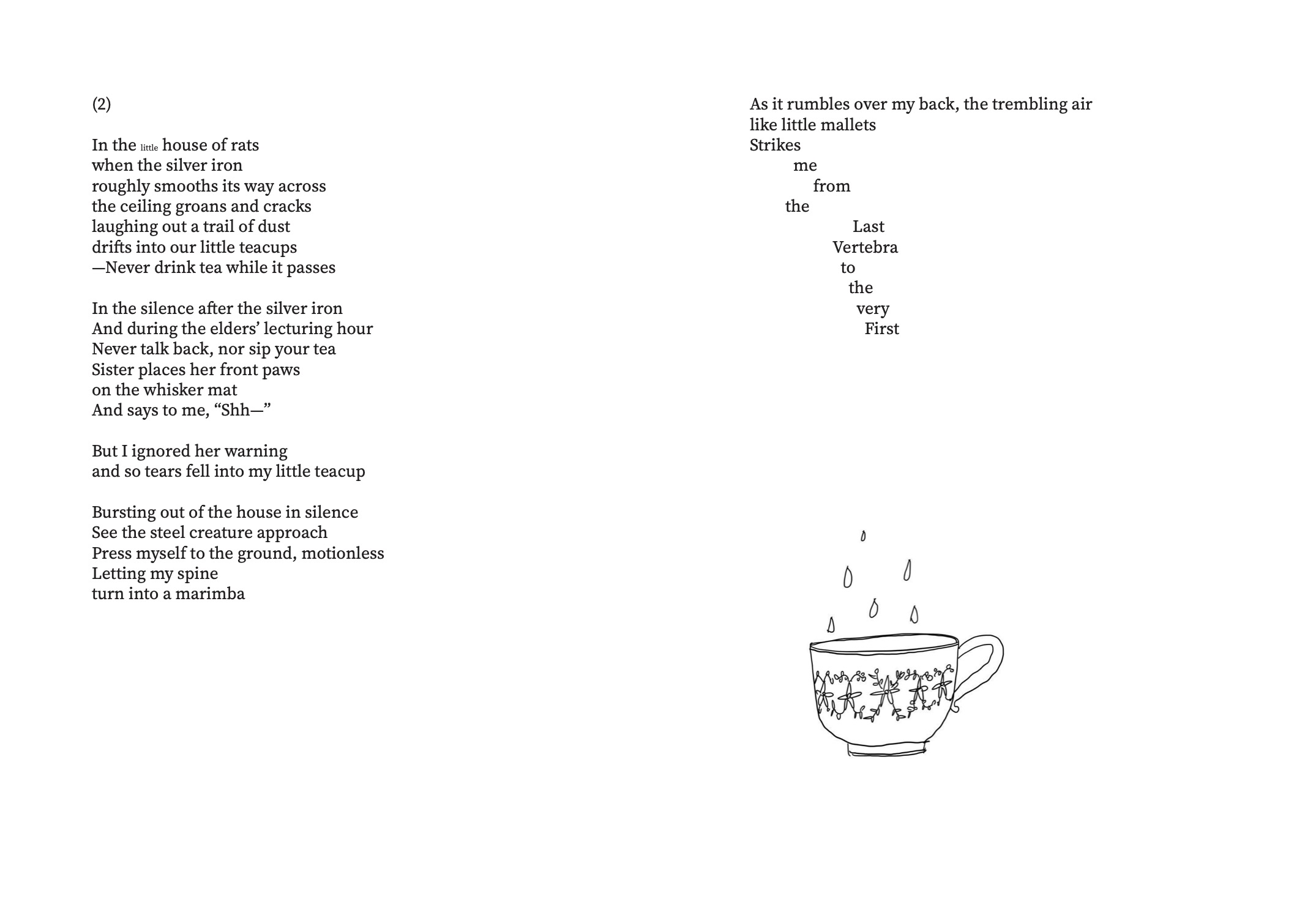 Poetry page marked “(3)” with short, spaced lines reflecting confession and imagination, positioned on the left, with a small line drawing of an overturned paper cup in the lower right corner.