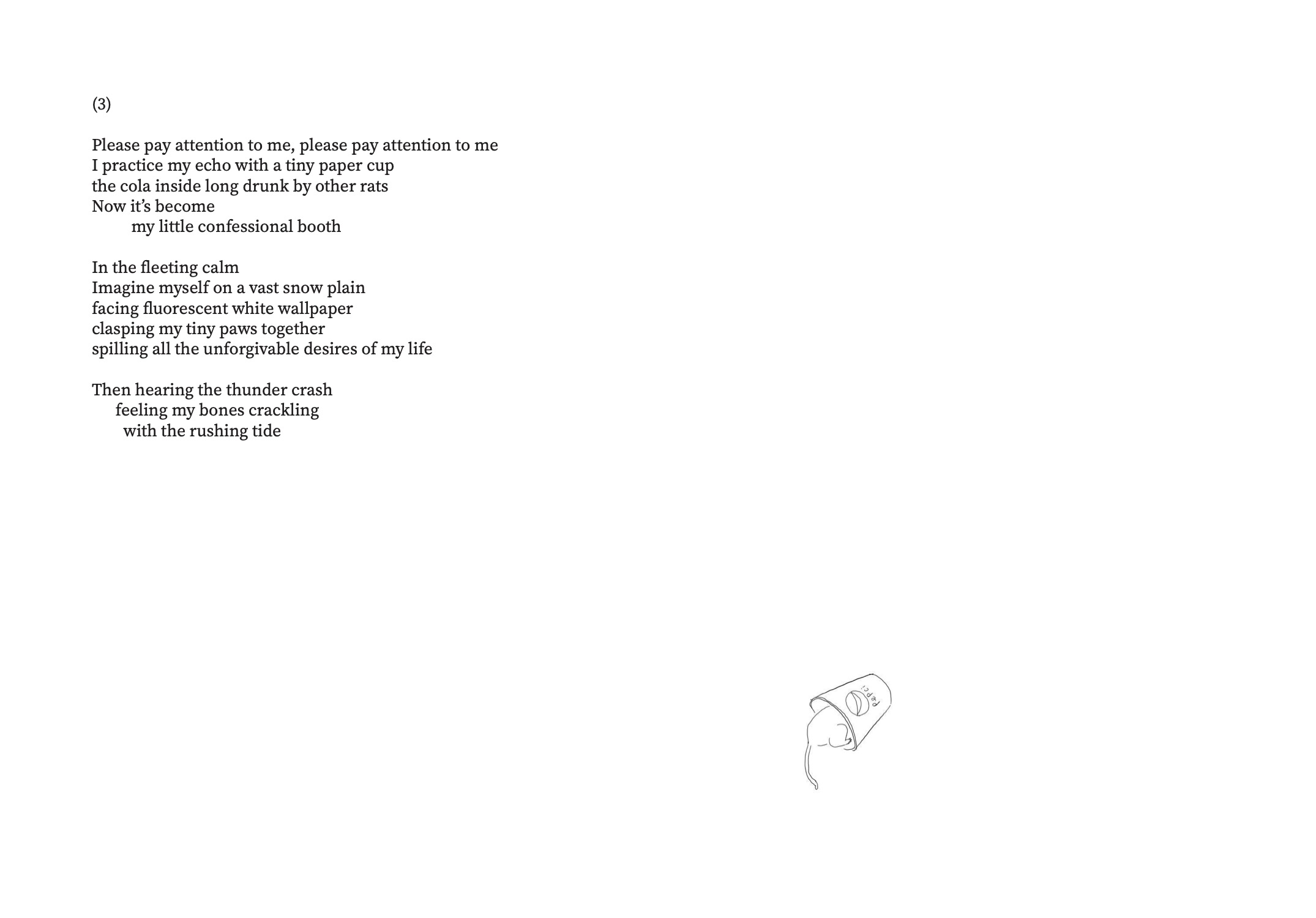 Poetry page labeled “(4)” containing sparse verse about wandering subway tracks and human disgust, with a large black rectangular graphic occupying the lower right portion of the page.