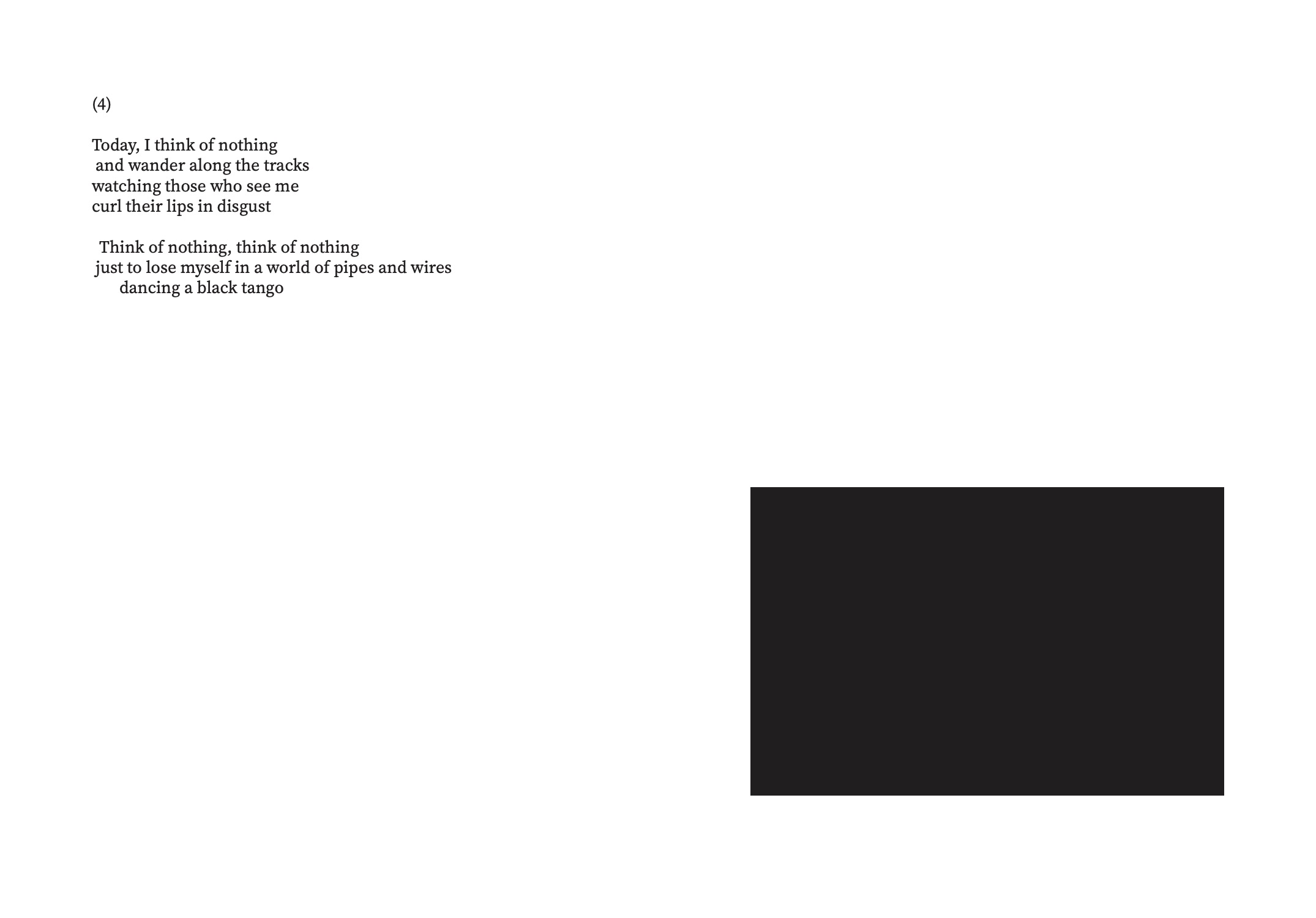 Poetry page labeled “(5)” describing imagined flight and transformation, set on the left side of the page, with a minimalist line illustration of aviator goggles and gloves floating on the lower right.