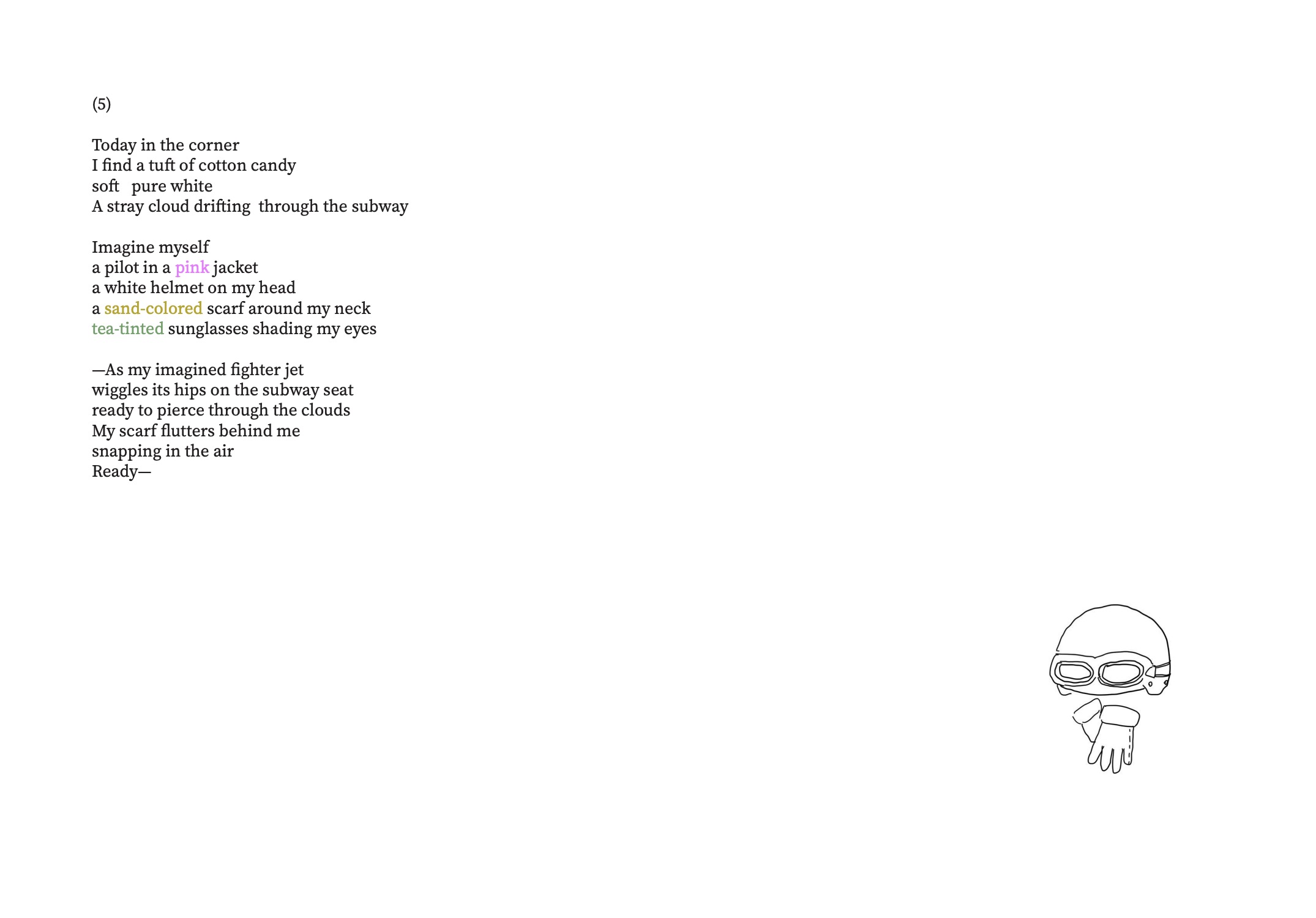 Poetry page labeled “(6)” with verses about snow, tunnels, and observation, laid out with wide margins and a delicate line drawing of a snowflake positioned in the lower right corner.