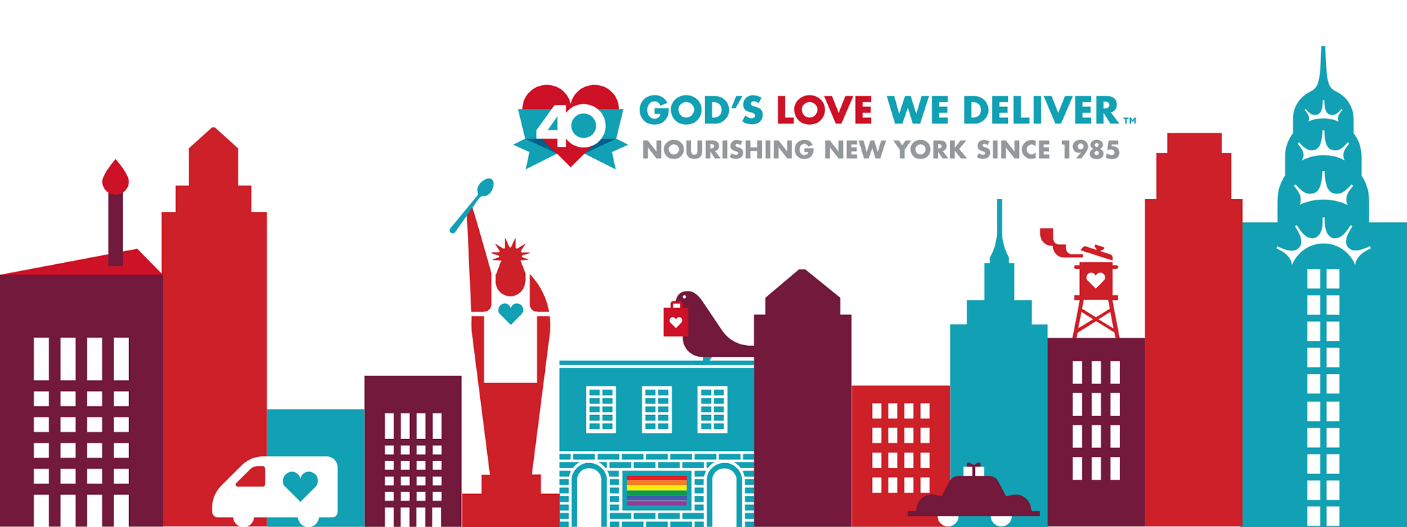 Wide illustrated masthead celebrating the 40th anniversary of God’s Love We Deliver, featuring a stylized New York City skyline in red, teal, and purple tones. The graphic includes iconic buildings, a figure resembling the Statue of Liberty holding a spoon, delivery trucks with heart symbols, and food-related imagery integrated into the cityscape. Text at the top reads “40 God’s Love We Deliver™ — Nourishing New York Since 1985.”