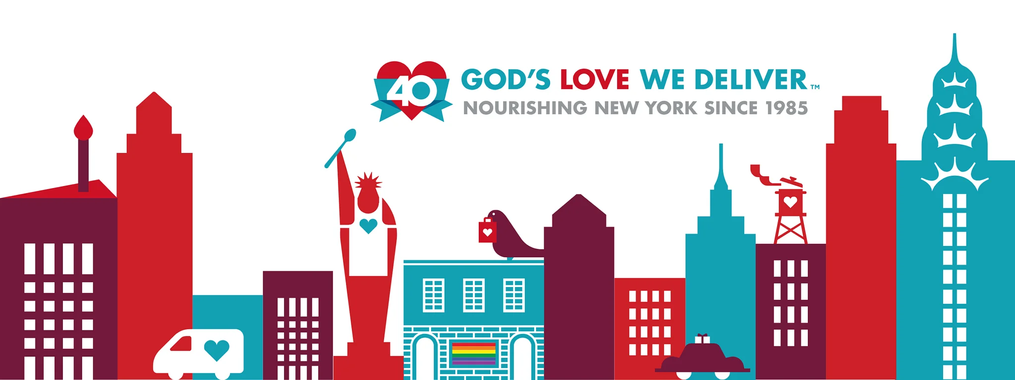 Wide illustrated masthead celebrating the 40th anniversary of God’s Love We Deliver, featuring a stylized New York City skyline in red, teal, and purple tones. The graphic includes iconic buildings, a figure resembling the Statue of Liberty holding a spoon, delivery trucks with heart symbols, and food-related imagery integrated into the cityscape. Text at the top reads “40 God’s Love We Deliver™ — Nourishing New York Since 1985.”
