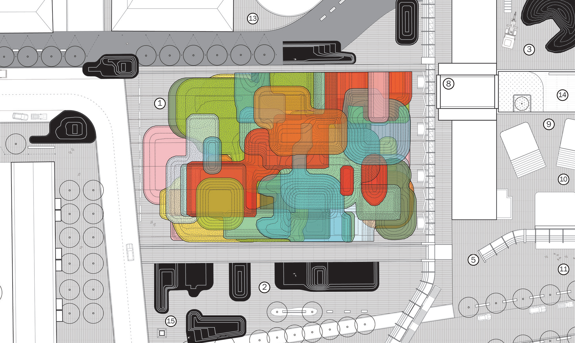 Top-down site plan drawing showing a rectangular urban block bordered by streets and sidewalks. In the center, layered translucent shapes in green, yellow, orange, red, blue, and pink overlap to illustrate program zones or circulation patterns. Surrounding the site are simplified building footprints, tree symbols arranged in rows, vehicles on adjacent roads, and numbered callouts marking different site elements. The drawing uses thin gray linework on a light background with color overlays concentrated in the middle of the block.
