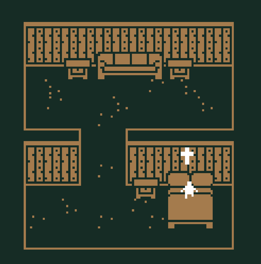 An 8-bit style illustration of a room, featuring a couch and a bedside table in the upper section. Below, there's a bed with a white object on it, possibly a pillow or bedding. The walls have a simple design, and there are scattered pixel-like particles on the floor, suggesting a rustic or vintage aesthetic. The color scheme predominantly includes dark green and various shades of brown.
