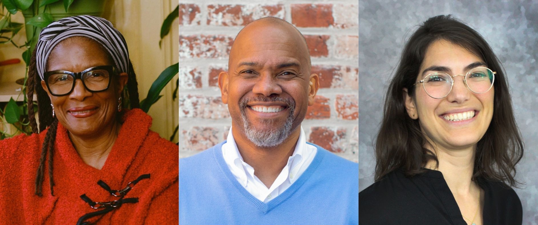 Three individuals are shown in a collage. On the left, a person with long, braided hair, wearing large glasses and a red coat, smiles in front of green plants. In the middle, a person with a short beard and a wide smile, dressed in a light blue sweater over a white collared shirt, stands against a brown brick wall. On the right, a person with shoulder-length dark hair and glasses smiles brightly, wearing a black top, with a soft gray background.