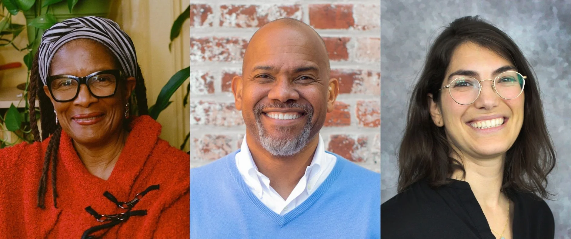 Three individuals are shown in a collage. On the left, a person with long, braided hair, wearing large glasses and a red coat, smiles in front of green plants. In the middle, a person with a short beard and a wide smile, dressed in a light blue sweater over a white collared shirt, stands against a brown brick wall. On the right, a person with shoulder-length dark hair and glasses smiles brightly, wearing a black top, with a soft gray background.