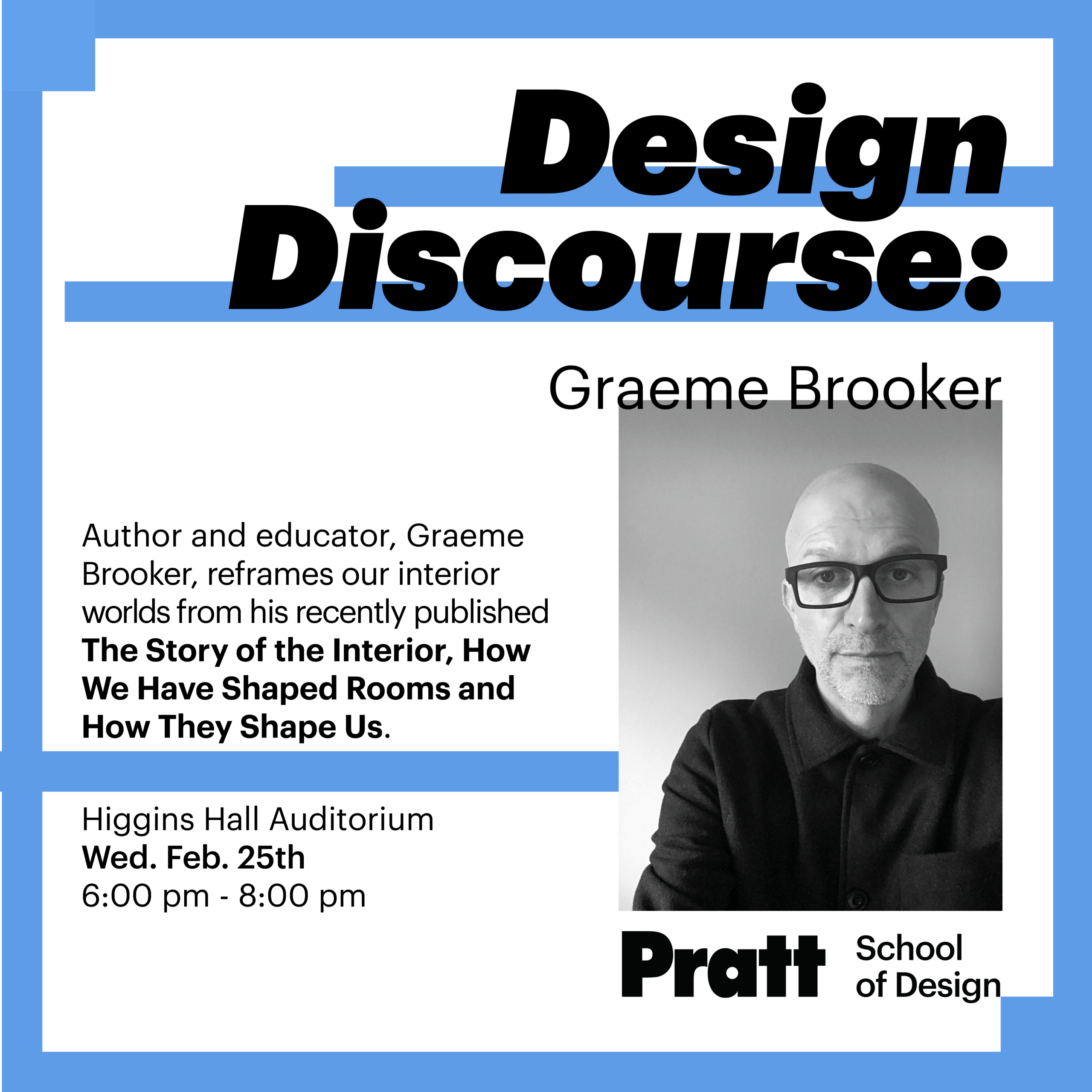 Black and white headshot of white male with bald head wearing dark rimmed glasses and shirt.. Text reads 