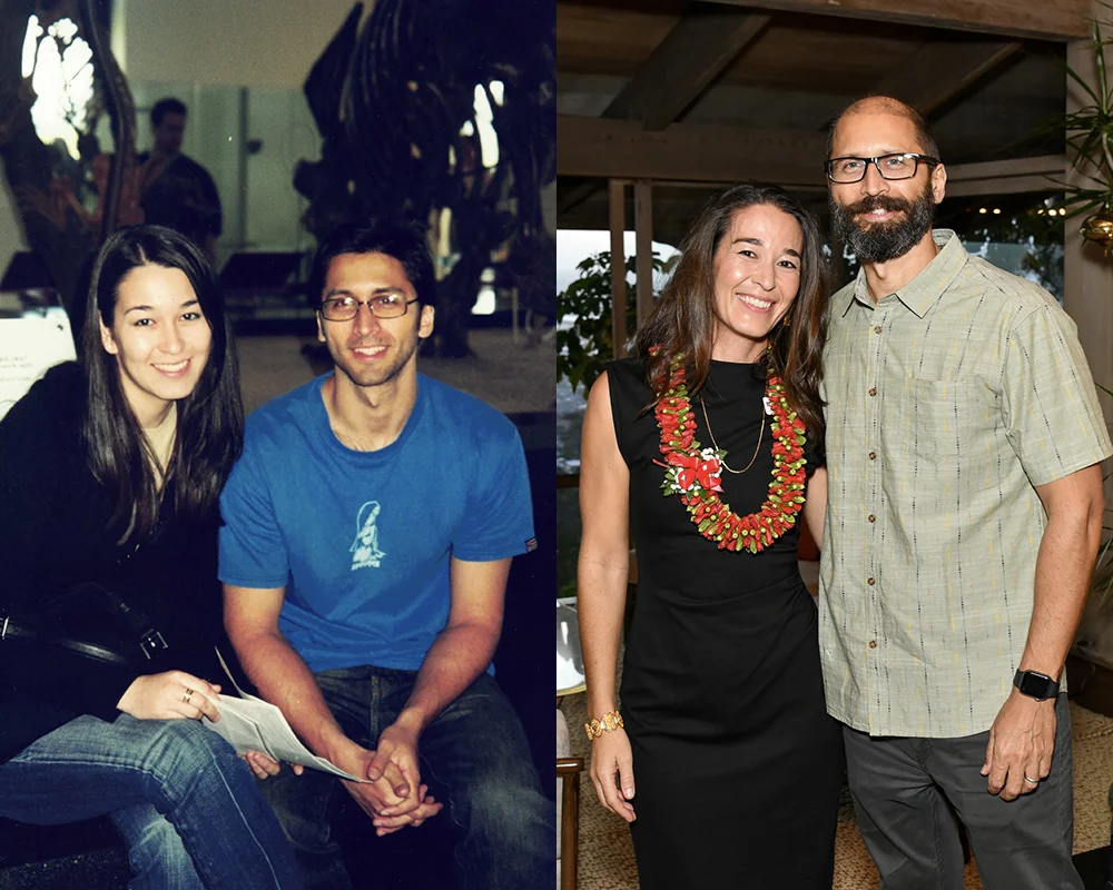 A split image features two photographs. On the left, a young couple smiles at the camera while sitting together in a museum, with dinosaur skeletons in the background. The woman, Kristi Roberson Cardoso, has long dark hair, and the man, Fabio Cardoso, wears glasses and a blue shirt. On the right, the same woman, Kristi Roberson Cardoso, is dressed in a black sleeveless dress with a floral lei, standing next to a man, Fabio Cardoso, with a beard, wearing a light green short-sleeve shirt, both smiling in a well-lit indoor setting.