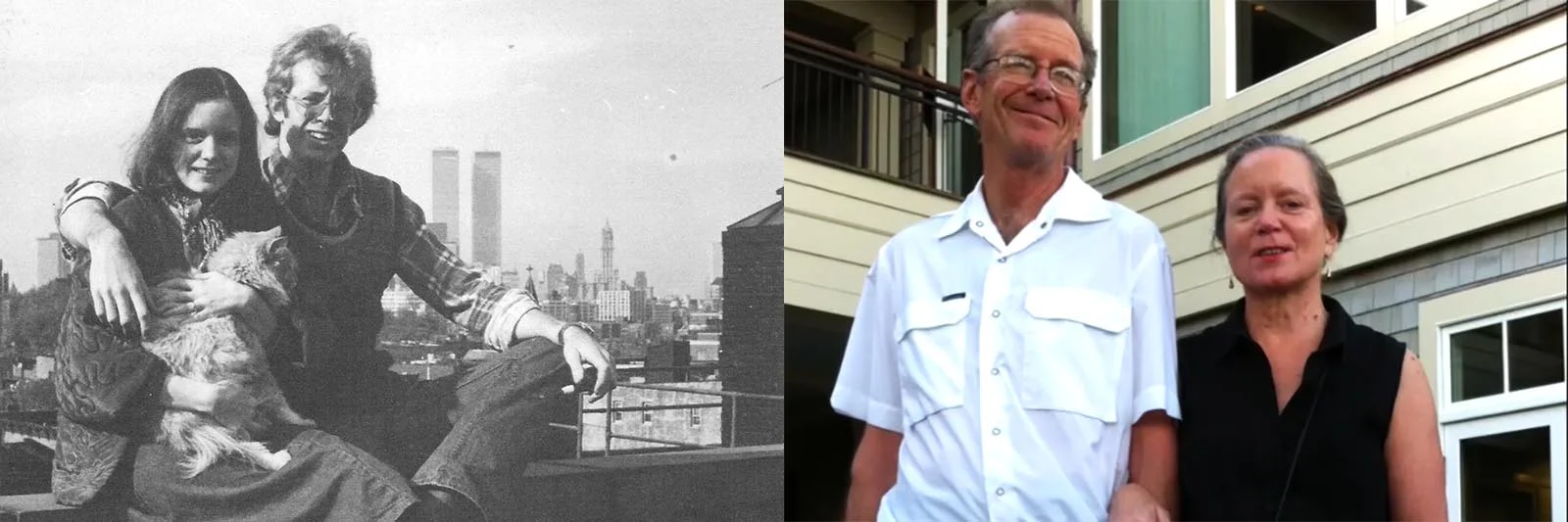 A split image showing two distinct scenes. On the left, a black and white photo of a couple seated on a rooftop in the 1970s, with the Twin Towers of the World Trade Center in the background. The woman, Jan Eagers, holds a small cat, while the man, Michael Thompson, appears relaxed. On the right, a color photo depicts an elderly man, Michael Thompson, and woman, Jan Eagers, standing together outside a modern building, both smiling and dressed casually. The background shows windows and wood siding.