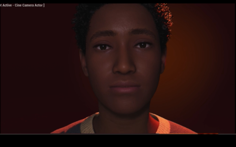 An artificial rendering of a person shows them facing the camera with a neutral expression against a dark orange background.