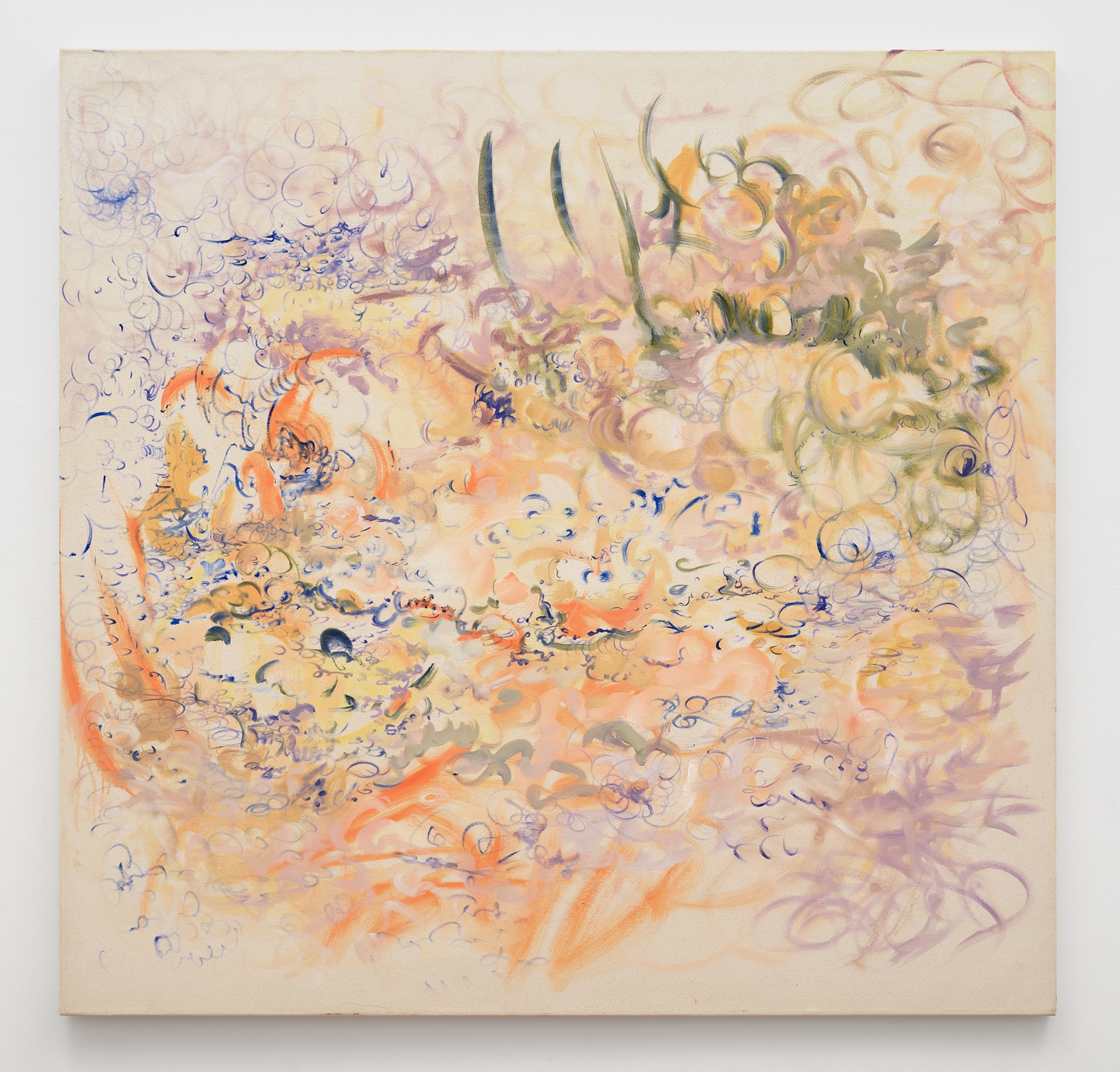 A large oil painting features swirling patterns in light green, blue, orange, white, and purple.