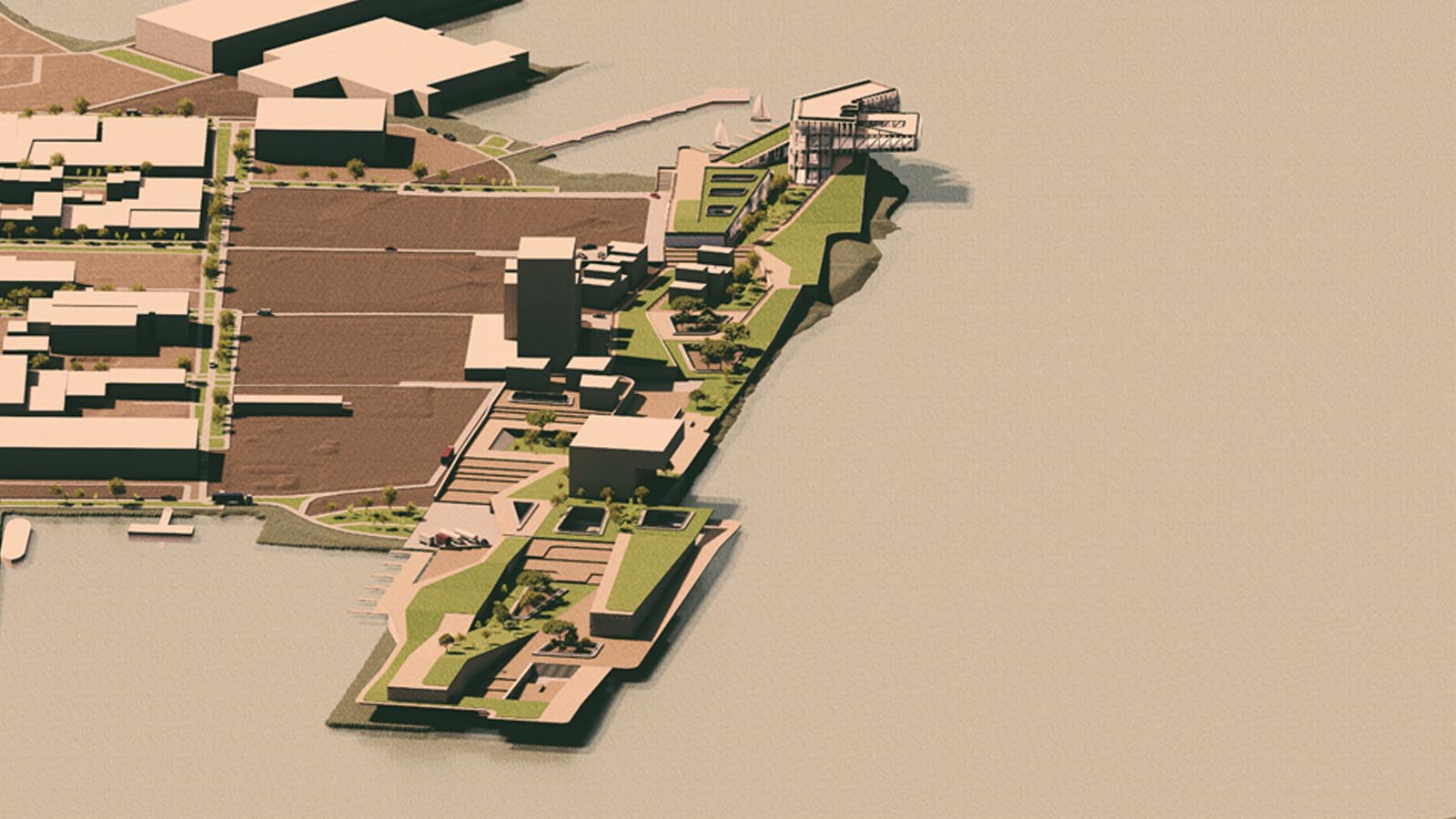 Aerial view of a conceptual urban waterfront layout featuring various buildings, green spaces, and pathways. The design includes a mix of enclosed structures and open areas, suggesting recreational and commercial use. Several boats are visible in the water nearby, adding to the maritime atmosphere. The overall color palette is muted, with shades of green and beige dominating the scene.