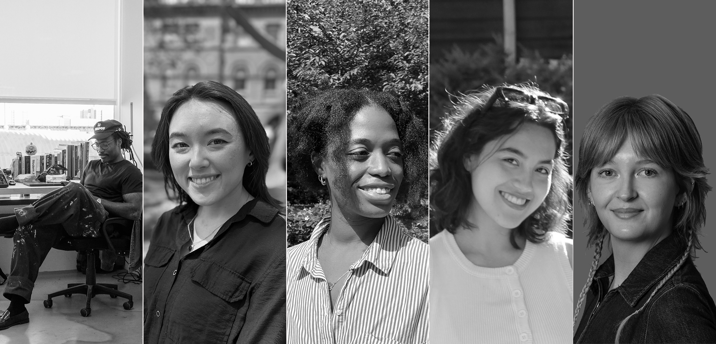 A collage of five black-and-white portraits of individuals. The first shows a person seated at a desk, looking down. The second features a young woman smiling in outdoor light. The third presents a woman with natural hair, smiling softly while wearing a striped blouse. The fourth captures another smiling young woman in casual attire. The last image shows a young woman with short hair and braids, looking directly at the camera.