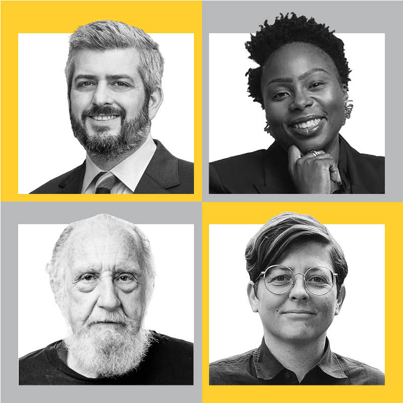 Four black-and-white headshot portraits arranged in a two-by-two grid with alternating yellow and gray background panels. Each portrait shows a different adult facing the camera: top left, a person with short light hair and a beard wearing a suit jacket; top right, a person with short natural hair smiling and resting their chin on their hand; bottom left, an older person with a long white beard and serious expression; bottom right, a person with short hair and round glasses wearing a buttoned shirt. The composition suggests a group of featured speakers or contributors.