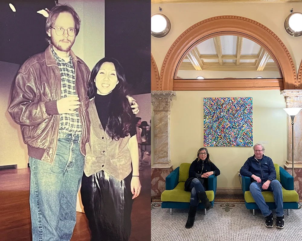 A split image features two separate settings. On the left, a man, Jeff Gabel, with glasses and a brown leather jacket stands beside a woman, Jaye Moon, with long black hair, both smiling at a social event. On the right, two people, Jaye Moon and Jeff Gabel, sit on green chairs in a light-colored room with arched architectural details, a colorful abstract painting hanging on the wall, and a lamp providing light.