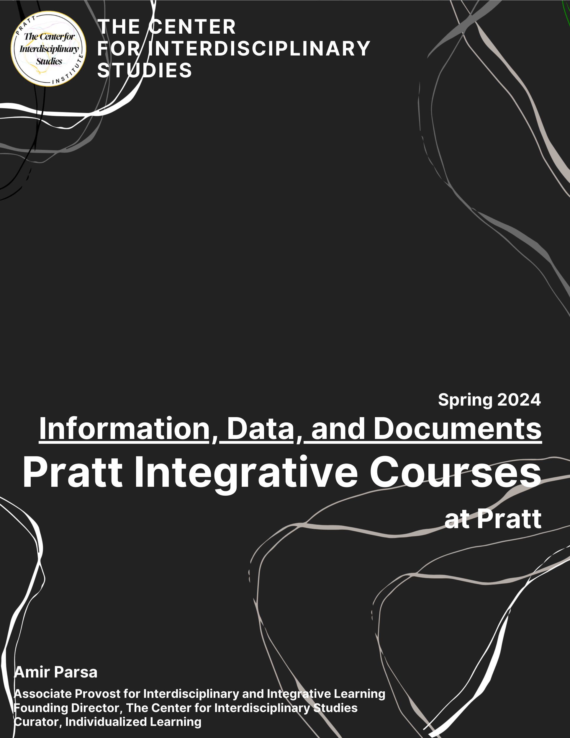 A cover page for a report titled "Internal Review/Assessment: Minors at Pratt," produced by The Center for Interdisciplinary Studies. The background is a bright green with abstract line drawings in lighter shades of green. The author's name, Amir Parsa, and his titles are listed at the bottom. The design emphasizes a modern aesthetic with vibrant colors and simple typography.