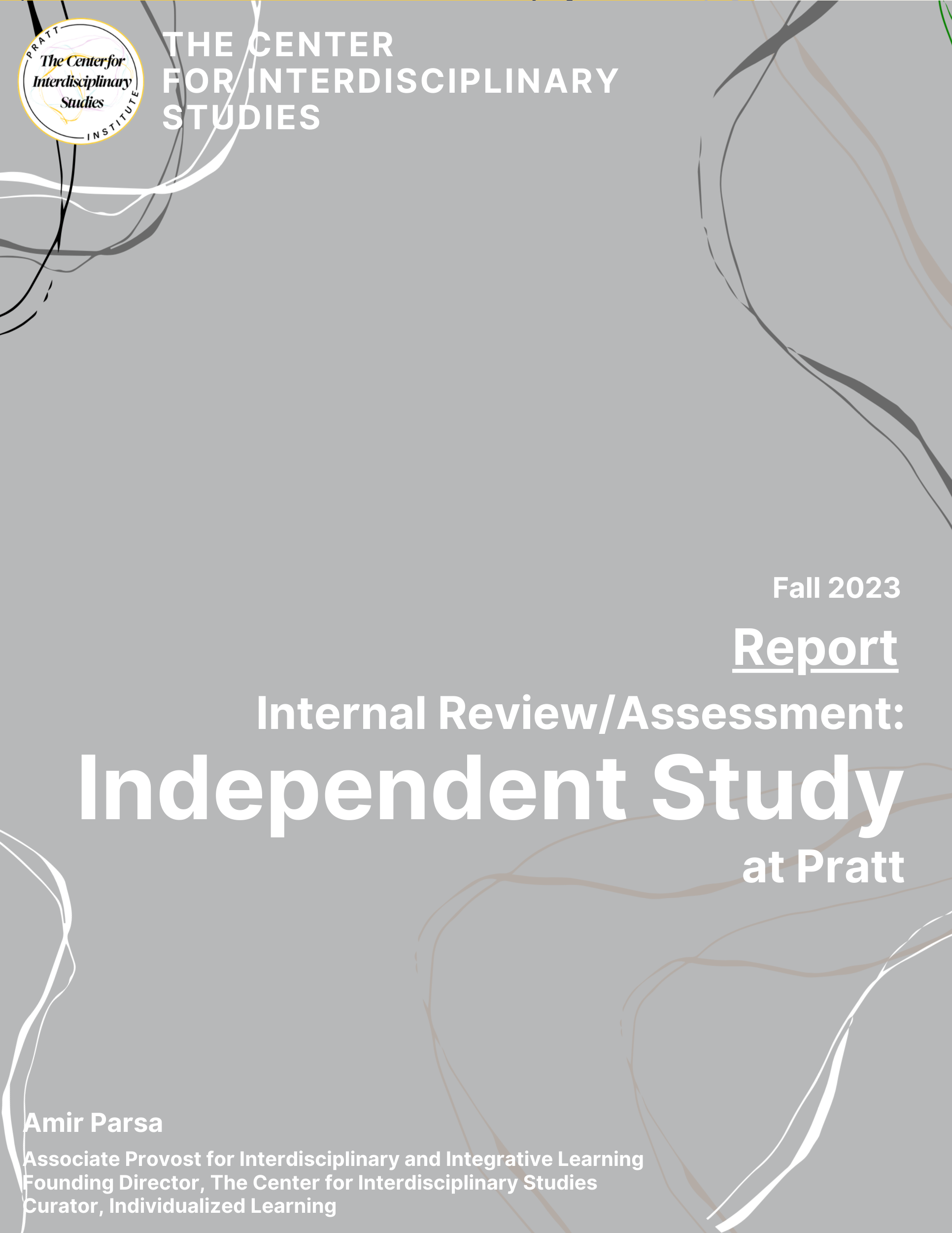A green report cover titled "Internal Review/Assessment: Minors at Pratt" by Amir Parsa, featuring the logo of The Center for Interdisciplinary Studies. The text includes "Fall 2023 Report" and Amir Parsa's title as Associate Provost for Interdisciplinary and Integrative Learning. Artistic wavy lines in lighter shades of green add a dynamic visual element to the design.