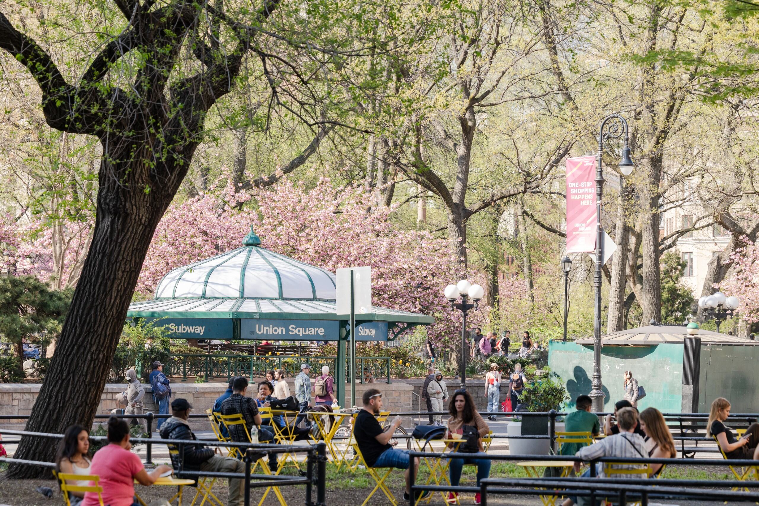 A vibrant outdoor scene at Union Square Park, featuring a gazebo with a green "Subway" sign. People are sitting at yellow tables, some engaged in conversation or using their devices. In the background, blooming cherry trees provide a splash of pink amidst the greenery, and people are walking around, enjoying the sunny atmosphere.