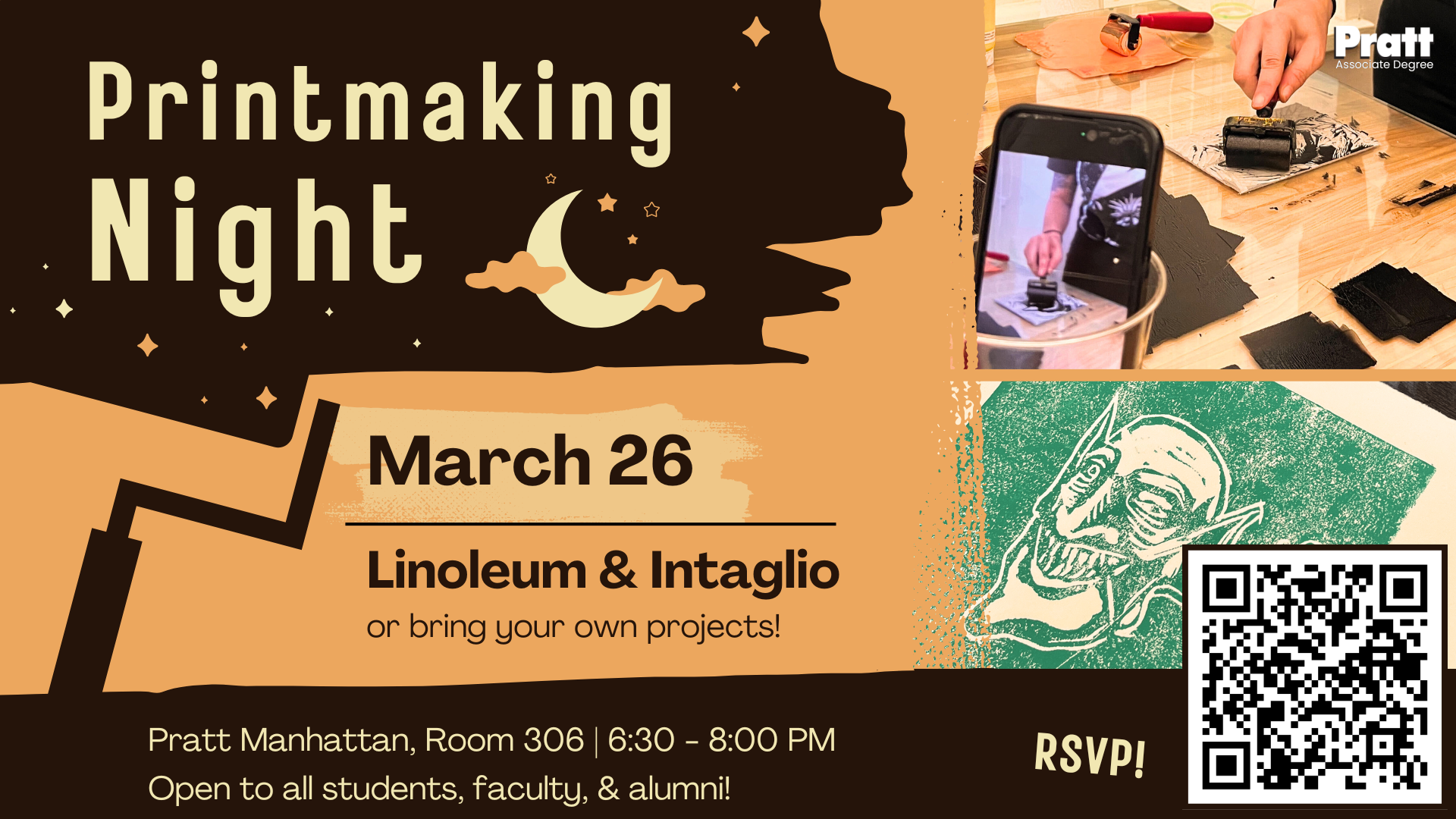 Printmaking Night March 26, Intaglio and Linoleum workshops, 6:30 - 8:00 pm