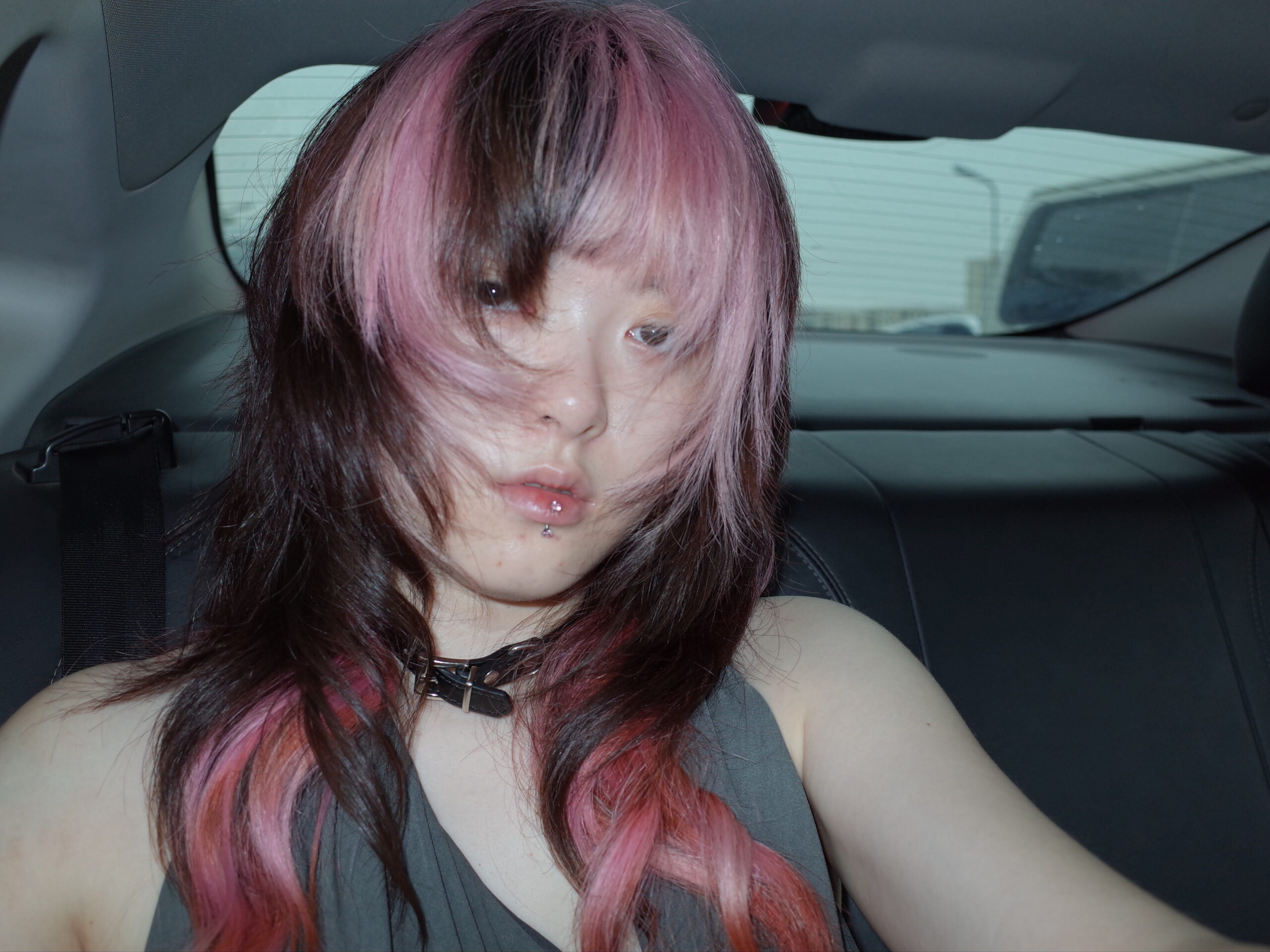A person with long, dark hair featuring pink highlights is sitting in the backseat of a car. Their hair is tousled, and they have a piercing on their lip. The background shows the car's interior, including the seatbelts and windows. The overall atmosphere appears casual and relaxed.