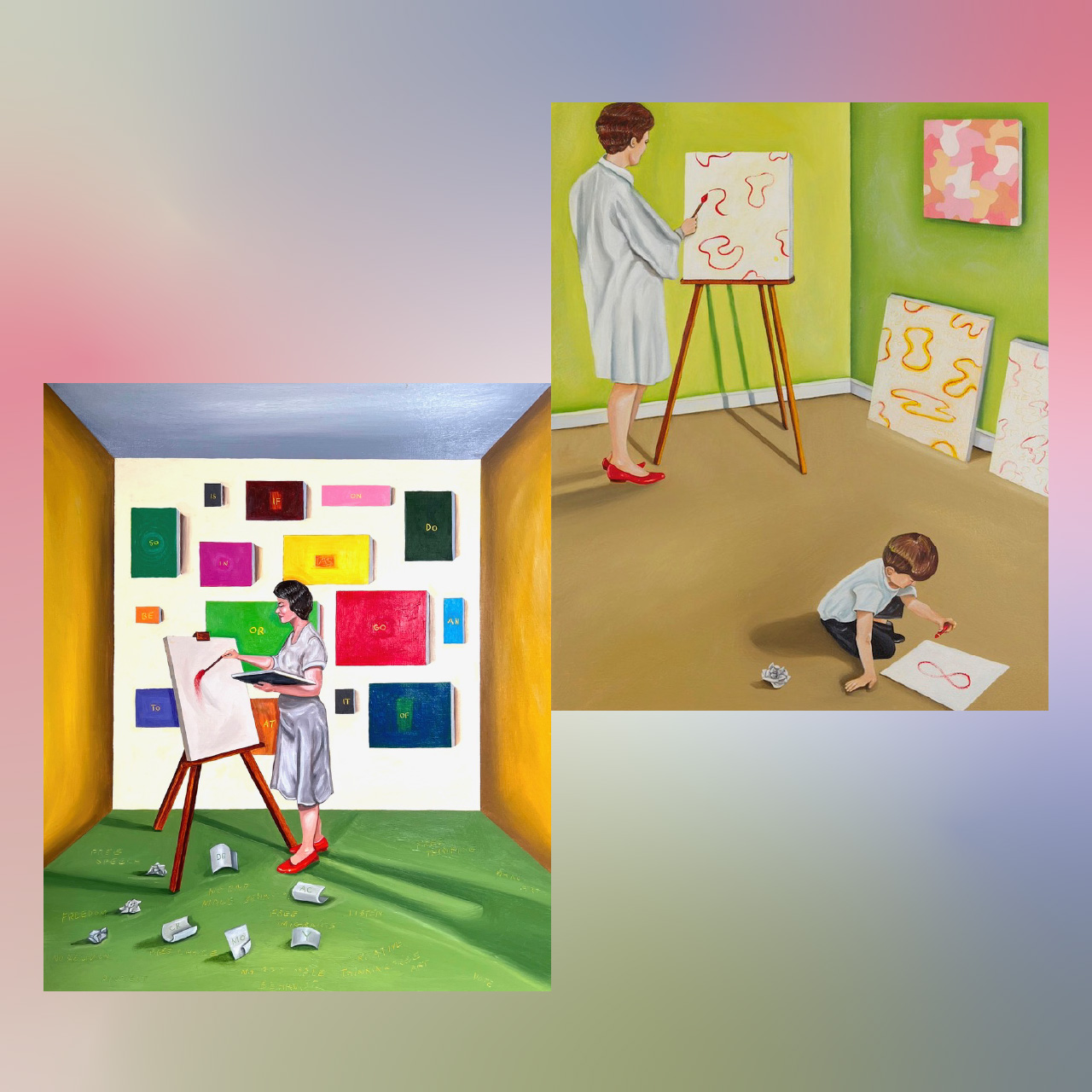 Composite image of two paintings. One shows a woman painting at an easel in a room with colorful wall panels; the other shows a woman at an easel in a green room while a child draws on the floor nearby.