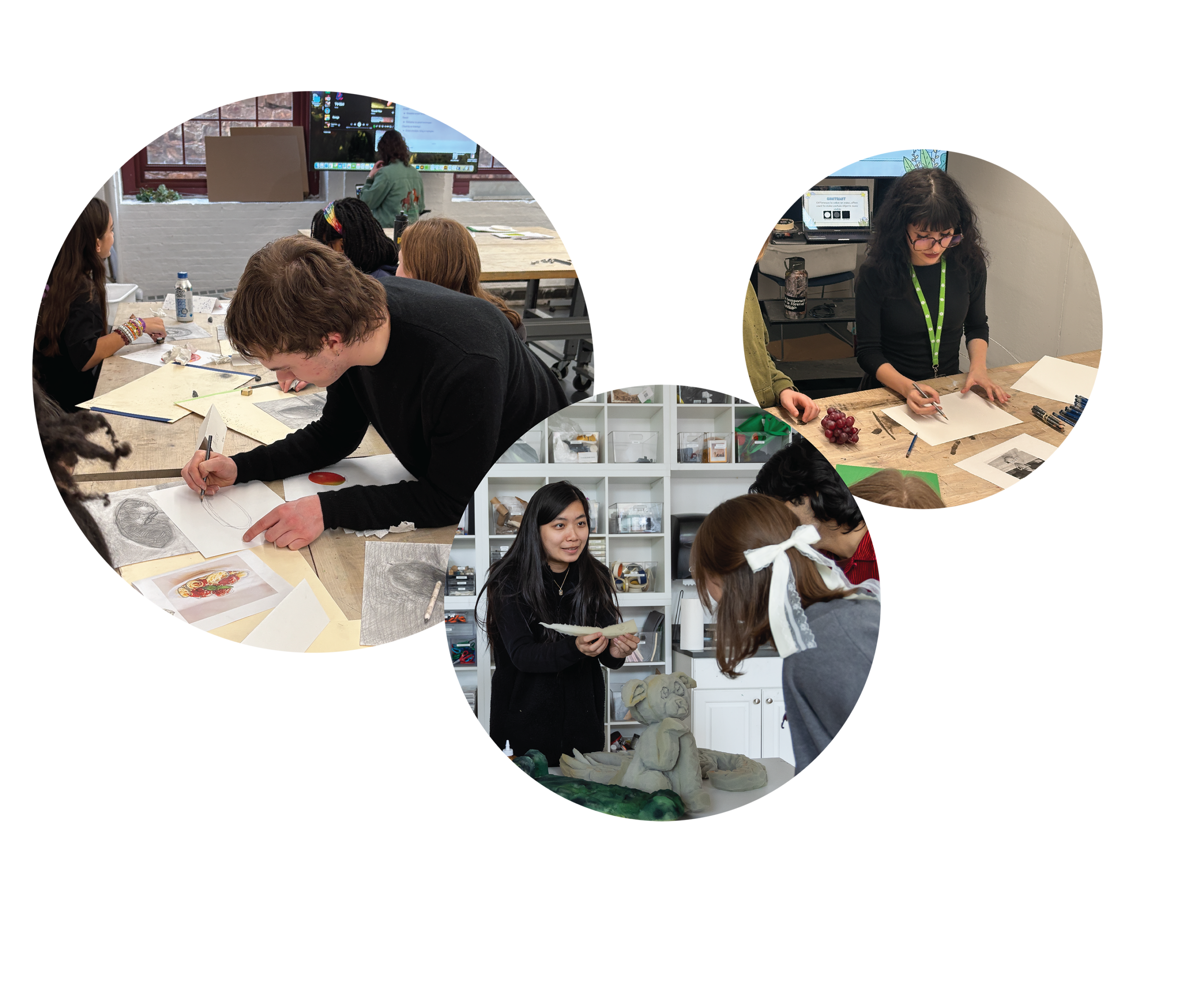 A composite graphic made of three overlapping circular photographs on a black background. Each circle shows art students working in a studio setting. In one, students draw at tables while a person sketches carefully on paper. In another, a student works on a detailed drawing at a desk with reference materials nearby. In the third, a person presents a sculptural piece to others in a classroom filled with shelves and supplies.
