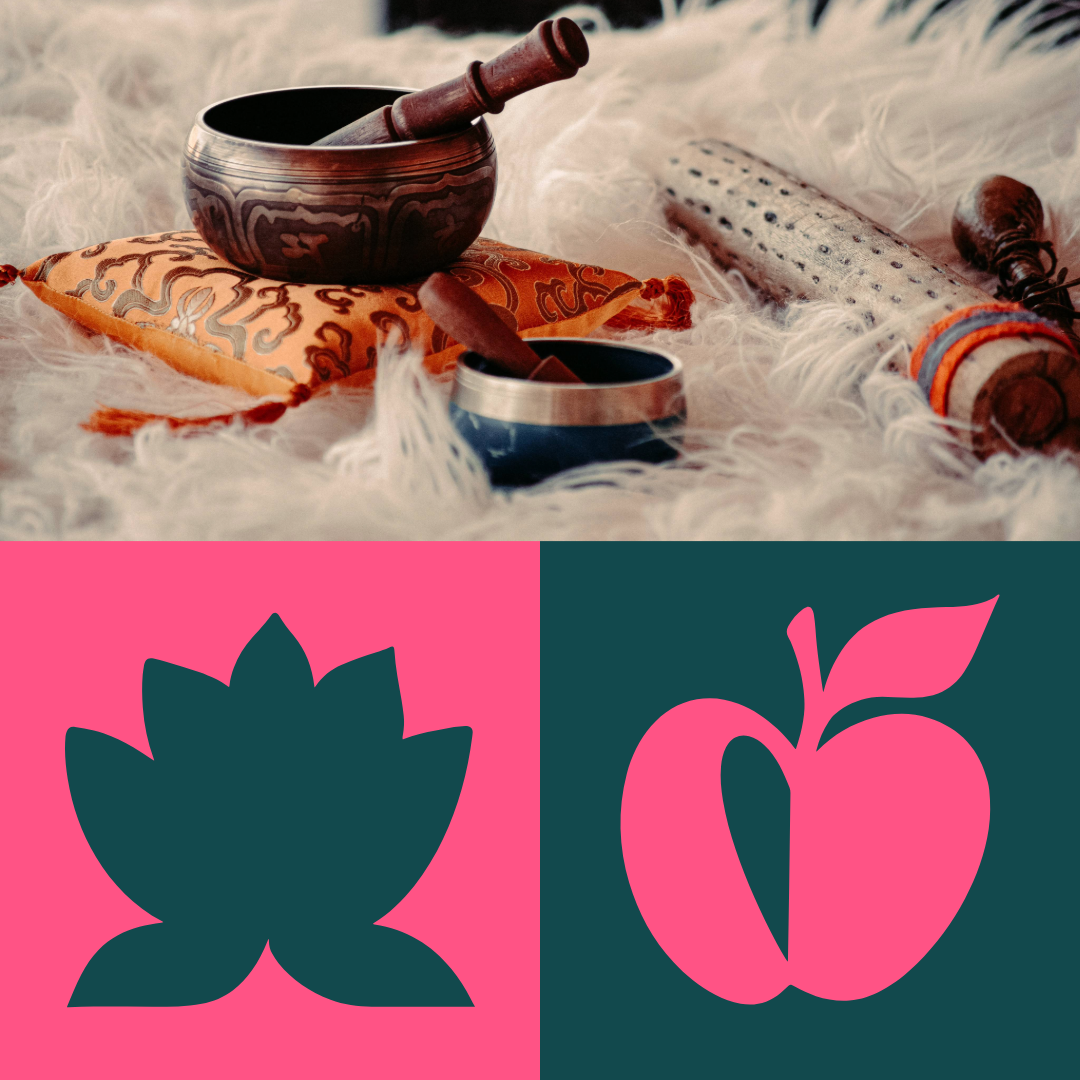 Image of meditation bowls and another instrumnet laying on a plush rug with icons that represent the Resilience, Wellness and Well-being Center on the bottom.