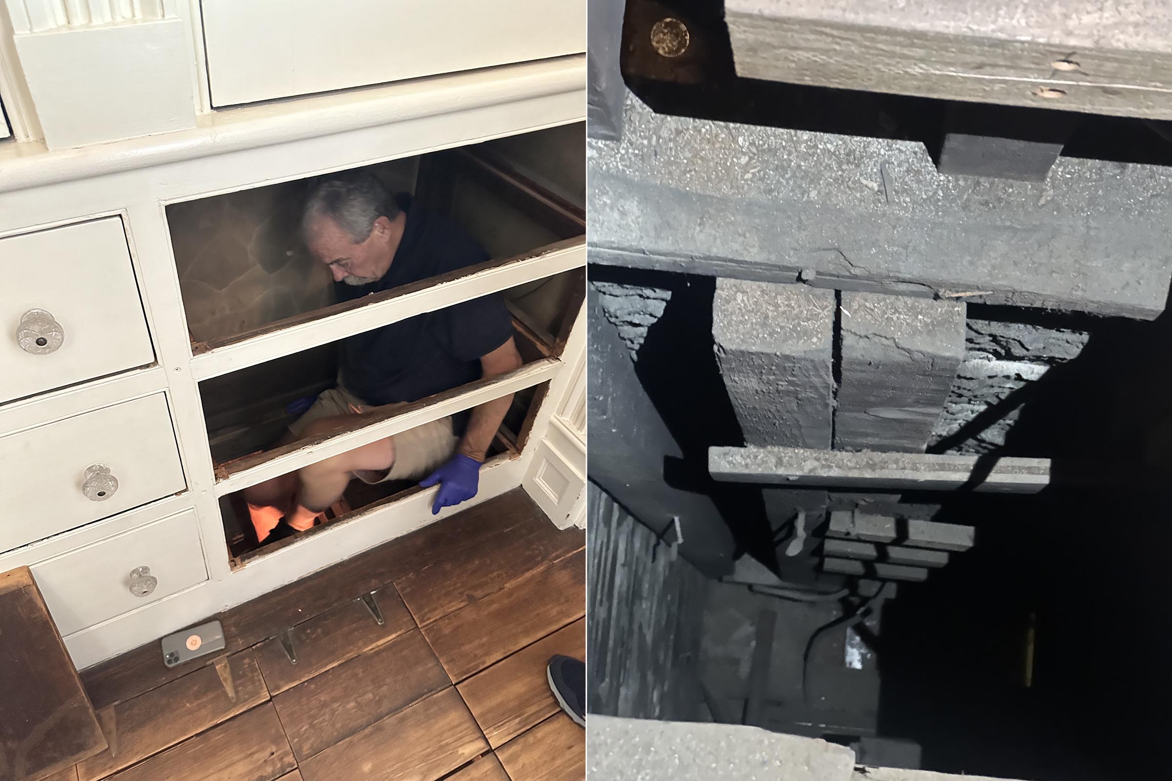 A man wearing gloves is partially inside a wooden cabinet with transparent sections, accessing an open compartment from below. He is wearing a dark shirt and light shorts. The second image shows a dark, vertical space with wooden beams, possibly a shaft or a stairwell, leading downwards. The environment appears dusty and neglected, with limited visibility.
