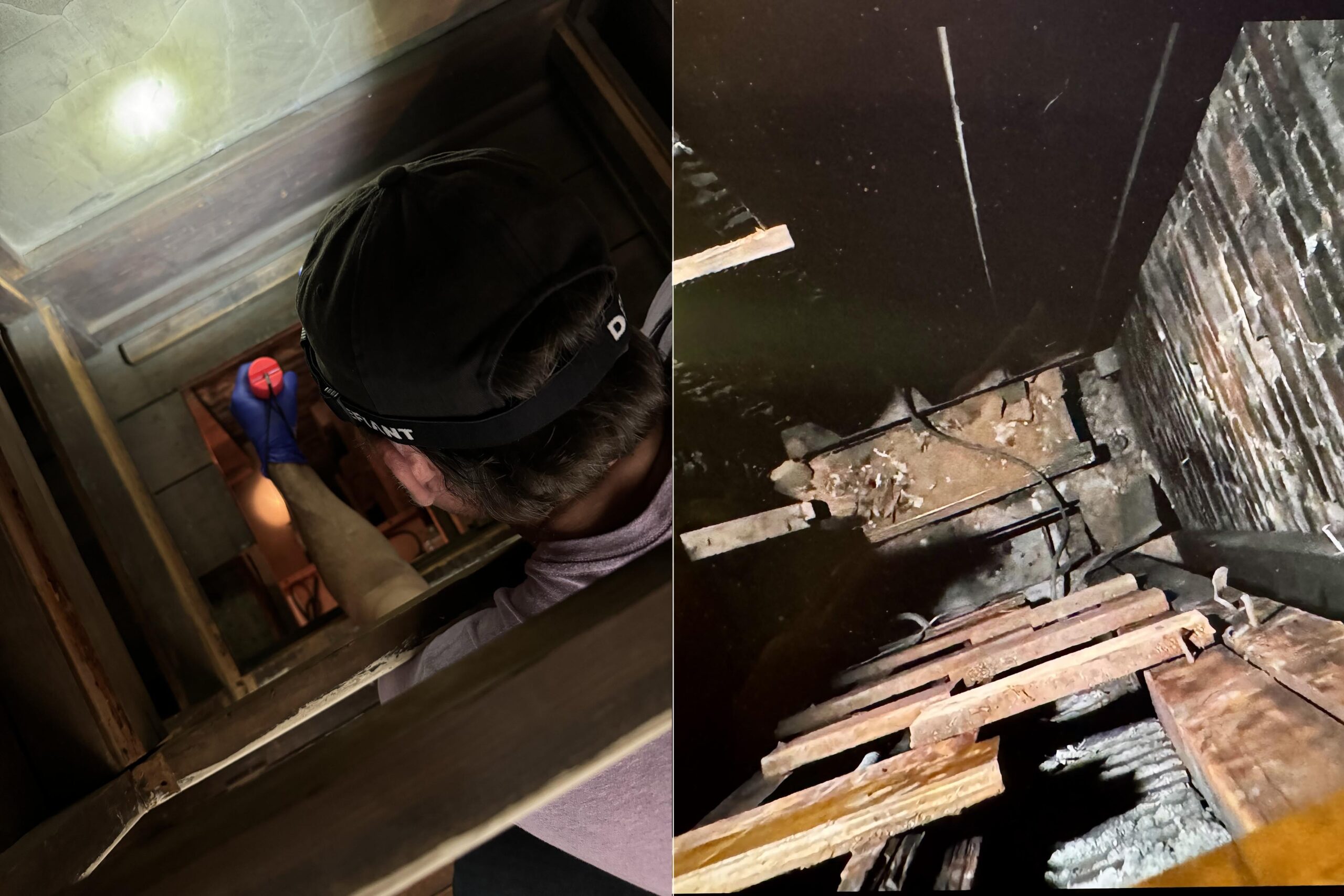 An overhead view shows a person with a headlamp peering into a dimly lit vertical shaft. The person holds a red object, possibly a flashlight, while resting their arm on wooden beams. The adjacent image looks down a dark space with scattered debris and wooden planks lying over what appears to be a dusty surface, suggesting a neglected area, possibly a basement or crawl space.