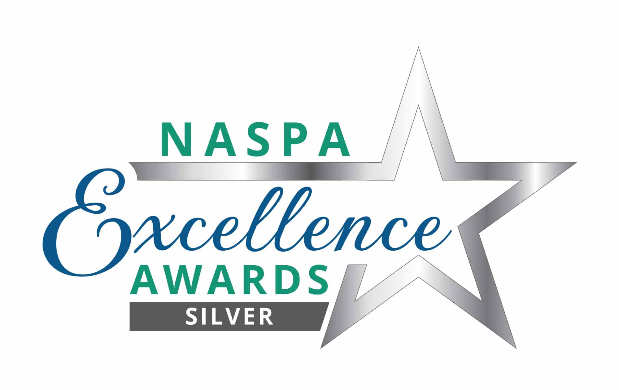 A logo for the NASPA Excellence Awards featuring the word "Excellence" in a prominent blue font, with "NASPA" in green above it. A silver star is integrated into the design, with the word "SILVER" situated at the bottom in a gray rectangle. The overall design conveys an award or recognition theme.