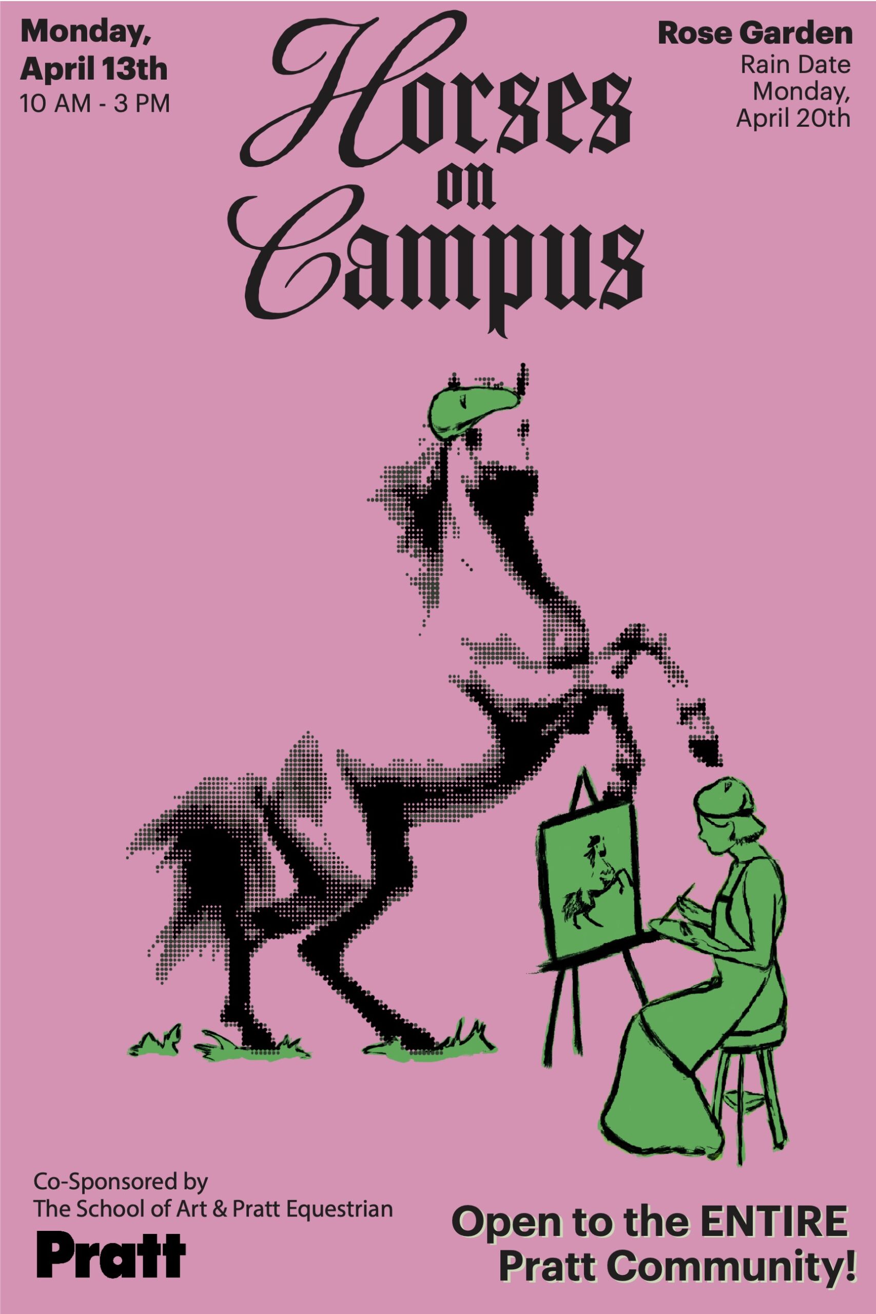 Poster with an image of a horse on a lawn inviting the entire Pratt community to join Horses on Campus on April 13