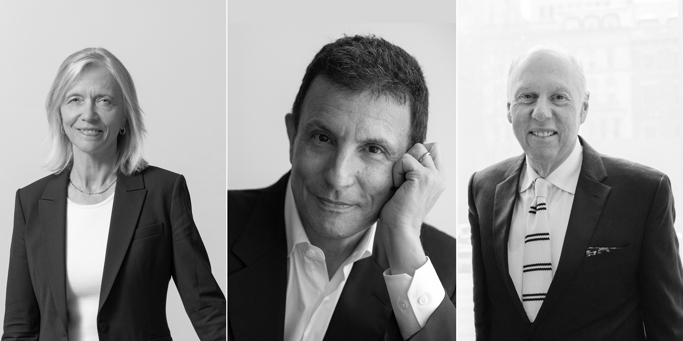 Three professional portraits in black and white. The left image features a woman with shoulder-length blonde hair, wearing a black blazer over a white top, smiling softly. The center image shows a man with dark hair, lightly graying at the temples, resting his chin on his hand, wearing a black blazer and white shirt. The right image features an older man with gray hair, also in a black blazer, grinning while wearing a patterned tie. All three subjects are looking directly at the camera.