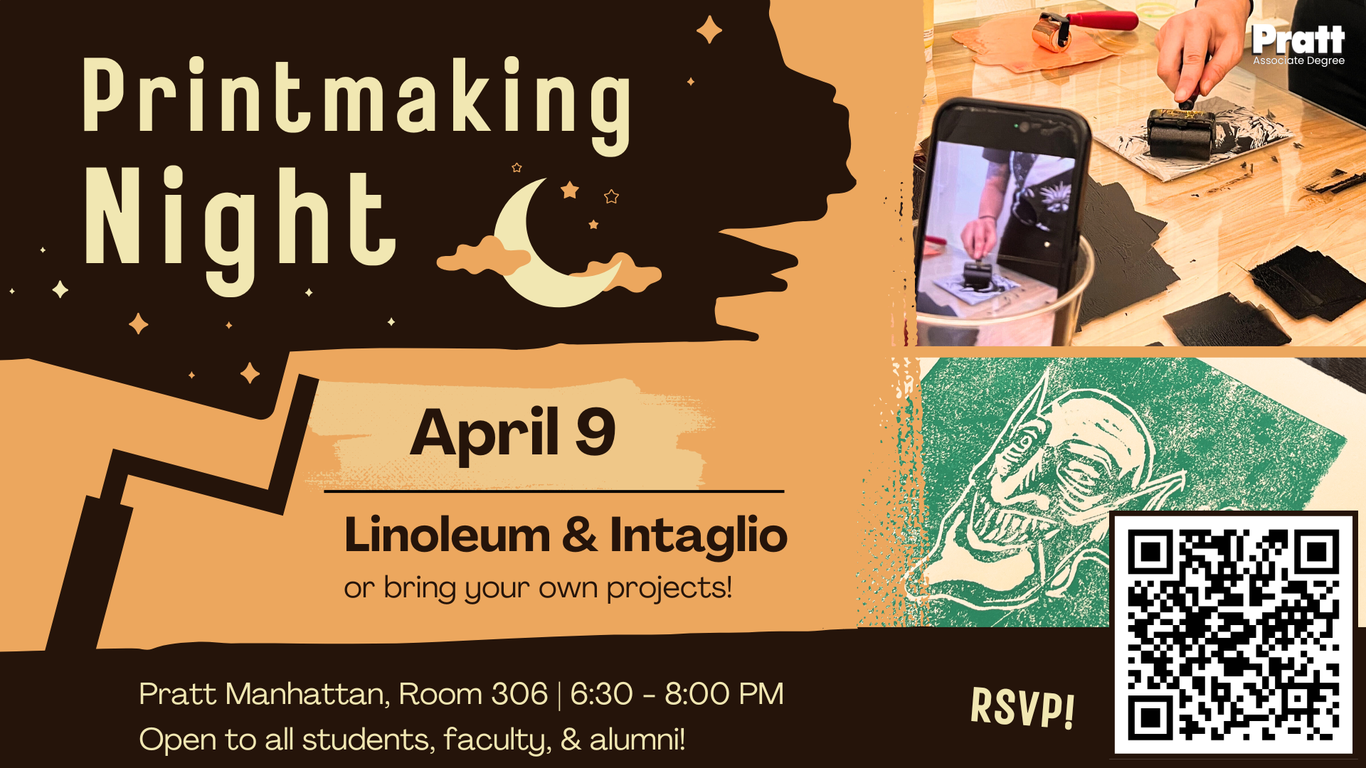 Printmaking Night April 9, Intaglio and Linoleum workshops, 6:30 to 8:00 pm