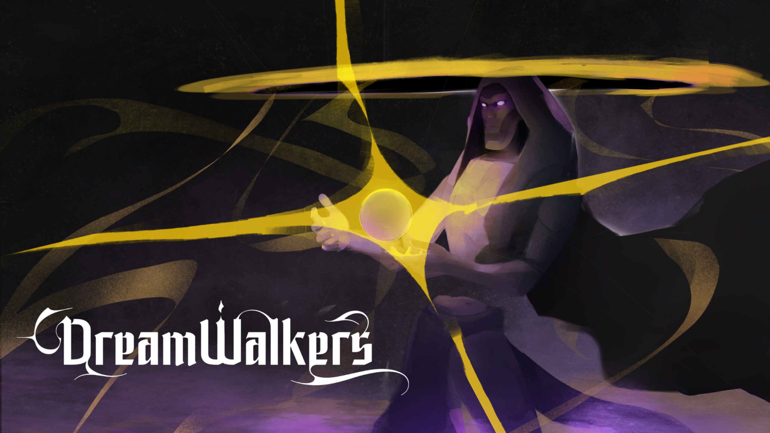 A mystical character in a hooded cloak holds a glowing orb while surrounded by swirling golden lines against a dark background. The character's face is partially obscured, and their glowing purple eyes add an air of mystery. The title "DreamWalkers" is displayed in stylized text at the bottom.