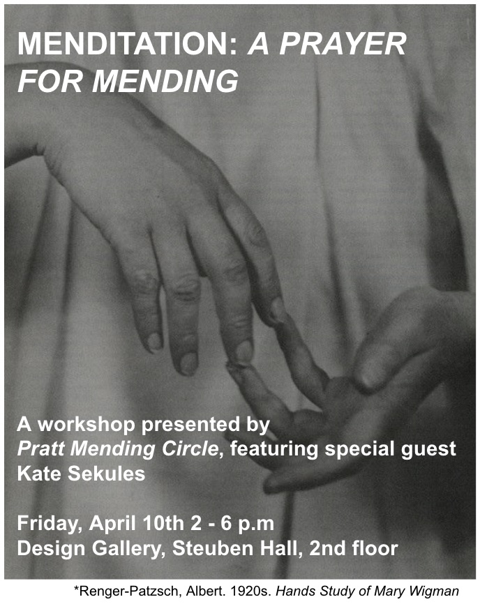 Black and white photo from the 1920's of a women's hands overlayed with text of event details.