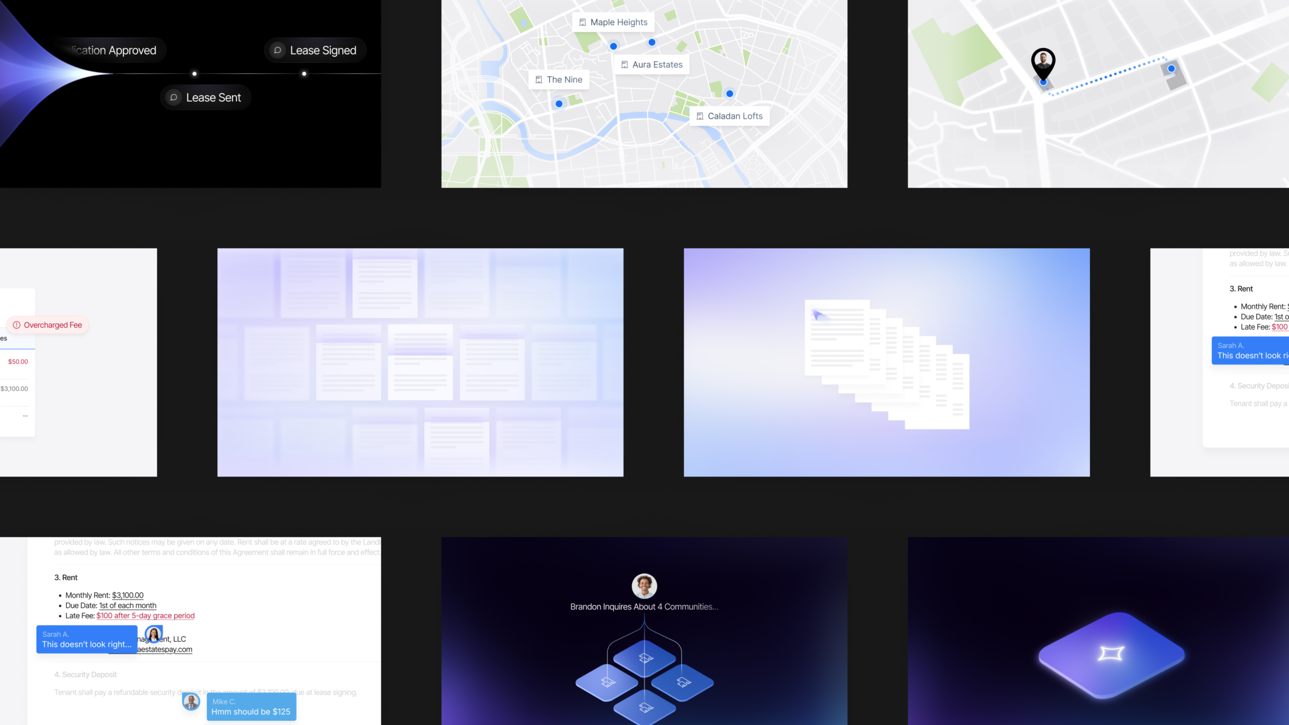 An array of digital assets for EliseAI, including maps and a graphic system tracking the progress of a lease signing
