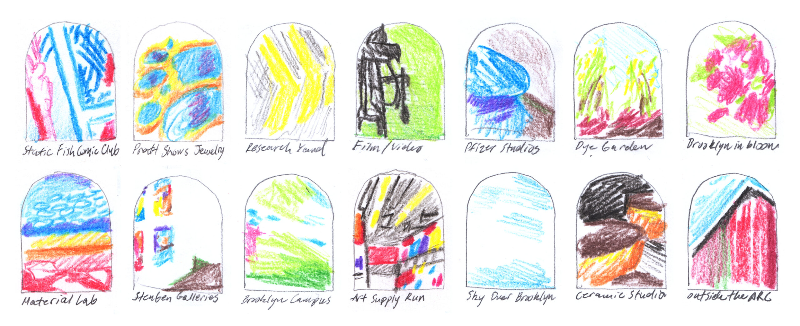 Two rows of hand-drawn arched window frames with different colorful sketches inside, depicting impressions of moments at Pratt: Static Fish Comic Club, Pratt Shows Jewelry, Research Yard, Film/Video, Pfizer Studios, Dye Garden, Brooklyn in Bloom, Material Lab, Steuben Gallery, Brooklyn Campus, Art Supply Run, Sky Over Brooklyn, Ceramics Studio, Outside the ARC