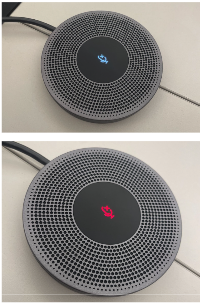 Two images of a round speaker on a flat surface. The top image shows the speaker with a blue light indicator in the center, while the bottom image displays the same speaker with a red light indicator. Both images capture the speaker’s perforated design and the cable connected to it.