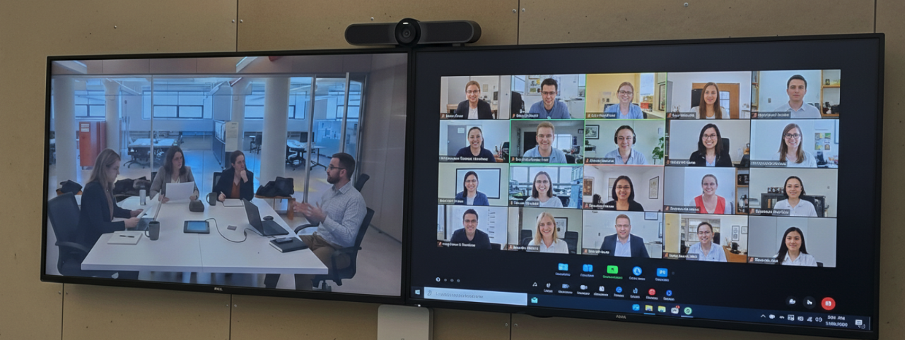 A split-screen video conference setup displays a discussion between a group of people in a physical meeting room on the left and multiple participants on the right. The in-person group consists of four individuals seated at a table with laptops and documents, while the virtual participants are arranged in a grid format on the screen, each appearing in their individual video feeds.