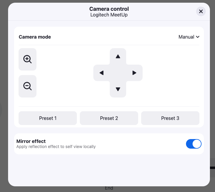 The image shows a user interface for camera control settings for a Logitech MeetUp device. It features a dropdown for camera mode (set to Manual), a directional control pad, and three preset buttons labeled "Preset 1," "Preset 2," and "Preset 3." There is also an option to enable a mirror effect for local self-view, represented by a toggle switch.