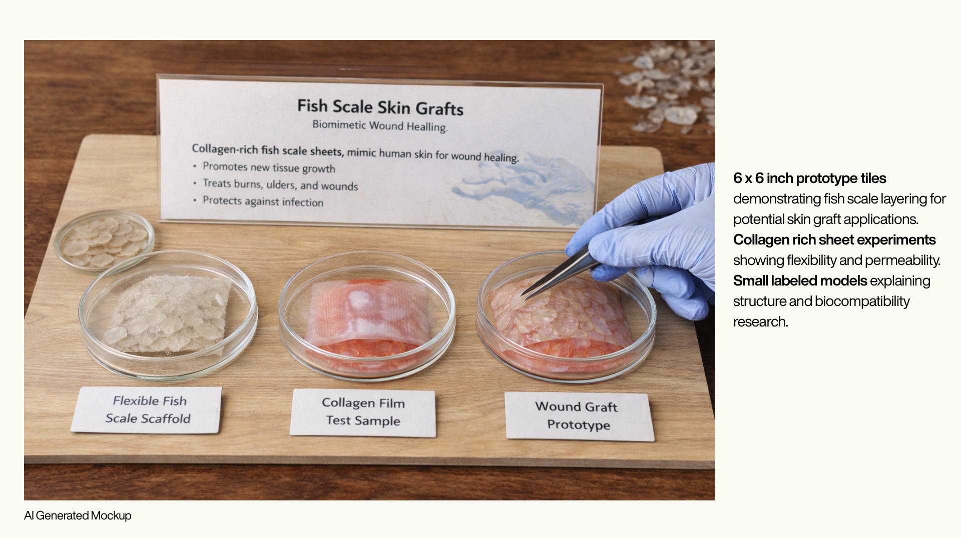 A wooden surface displays three petri dishes containing different samples related to fish scale skin grafts. The left dish holds flexible fish scale scaffold, the center contains a collagen film test sample, and the right shows a wound graft prototype. A sign in the background explains the products' features and benefits for wound healing. A gloved hand uses tweezers to handle the samples, and small labeled models are present for biocompatibility research.