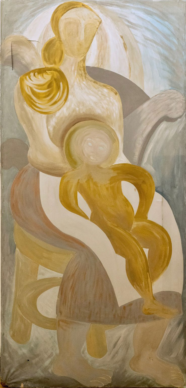 A stylized painting depicts a seated woman with a simplified, abstract form and a lack of detailed facial features. She cradles a child next to her, whose form is similarly abstract and colored in warm tones. The background consists of soft, muted colors, creating a gentle and harmonious atmosphere. The overall composition conveys a sense of intimacy and nurturing.