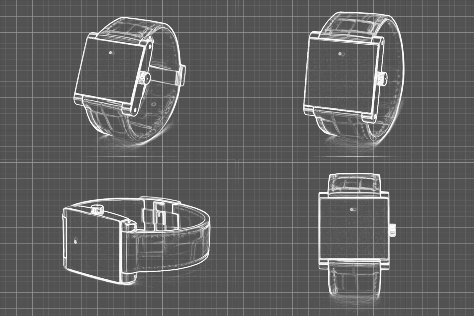 A sketch-style illustration of a smartwatch shown from four different angles. The watch has a square face and a strap, with a simple button on the side. The background features a grid pattern.