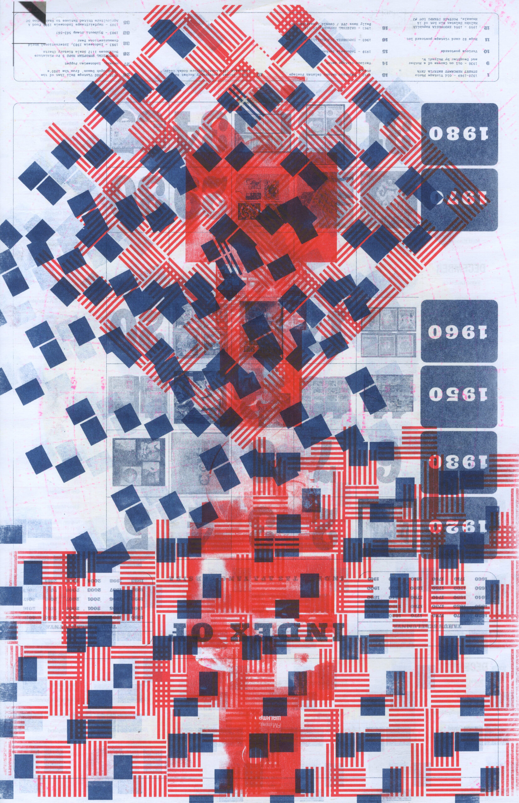 An abstract design featuring overlapping geometric shapes in red and navy blue against a light background. The patterns consist of squares and stripes arranged in a grid-like fashion, creating a visually dynamic effect. Some text and date-like numbers, such as "1980," "1960," and "1930," are partially visible among the patterns. The overall composition is layered, with a variety of colors and textures intermingling.