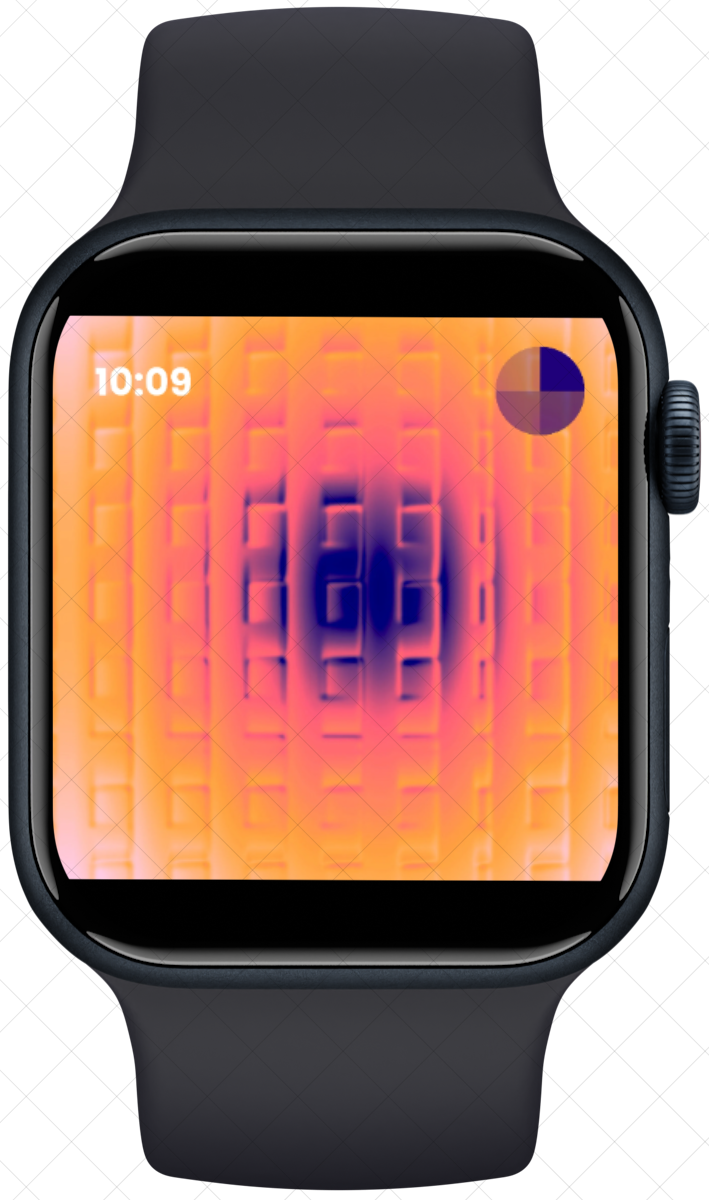 A close-up of a smartwatch display featuring a colorful abstract pattern of gradients transitioning from orange to purple, with a digital clock reading 10:09 in the upper left corner. The smartwatch is shown with a black band and a sleek casing.